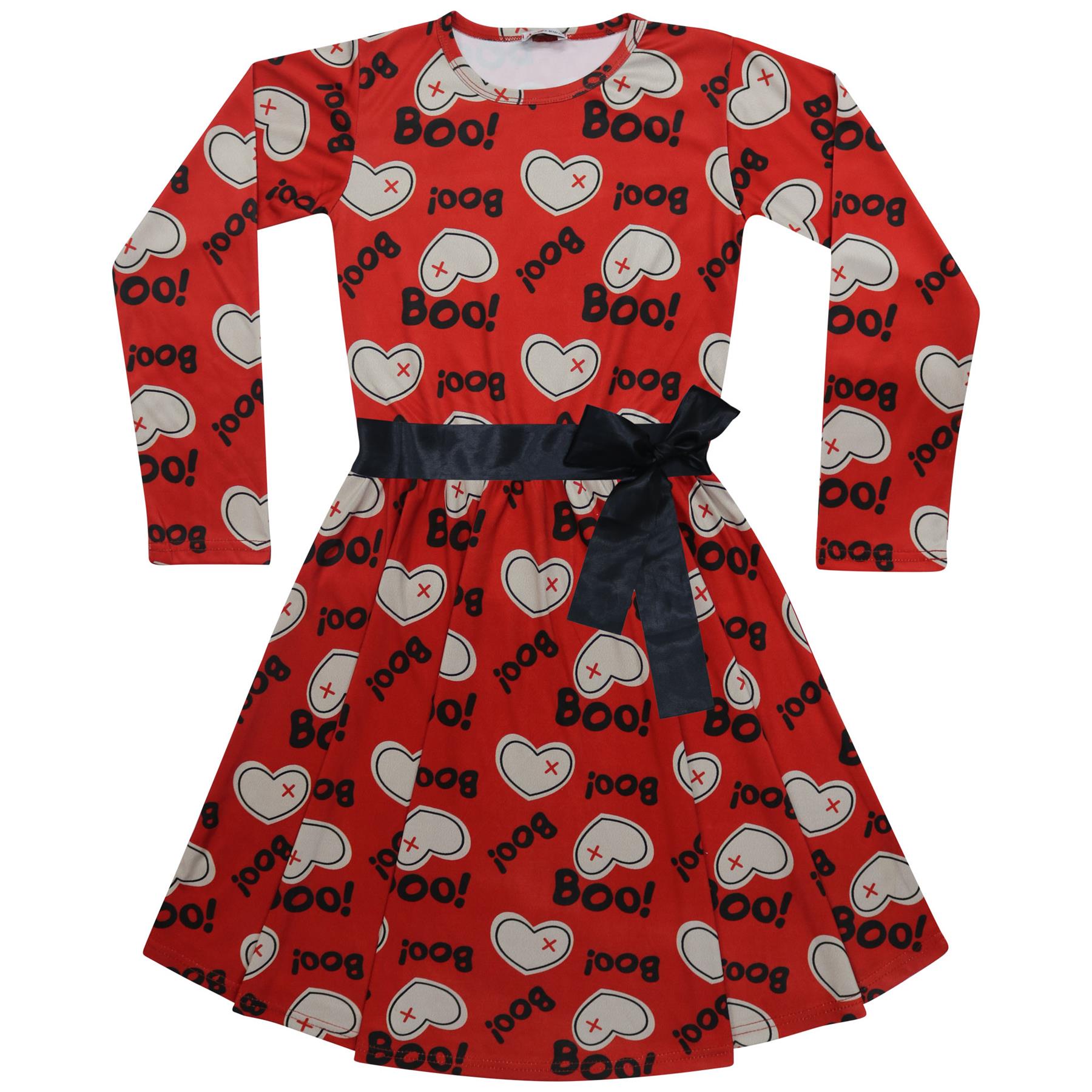 Girls Long Sleeves Hearts Print Halloween Skater Dress