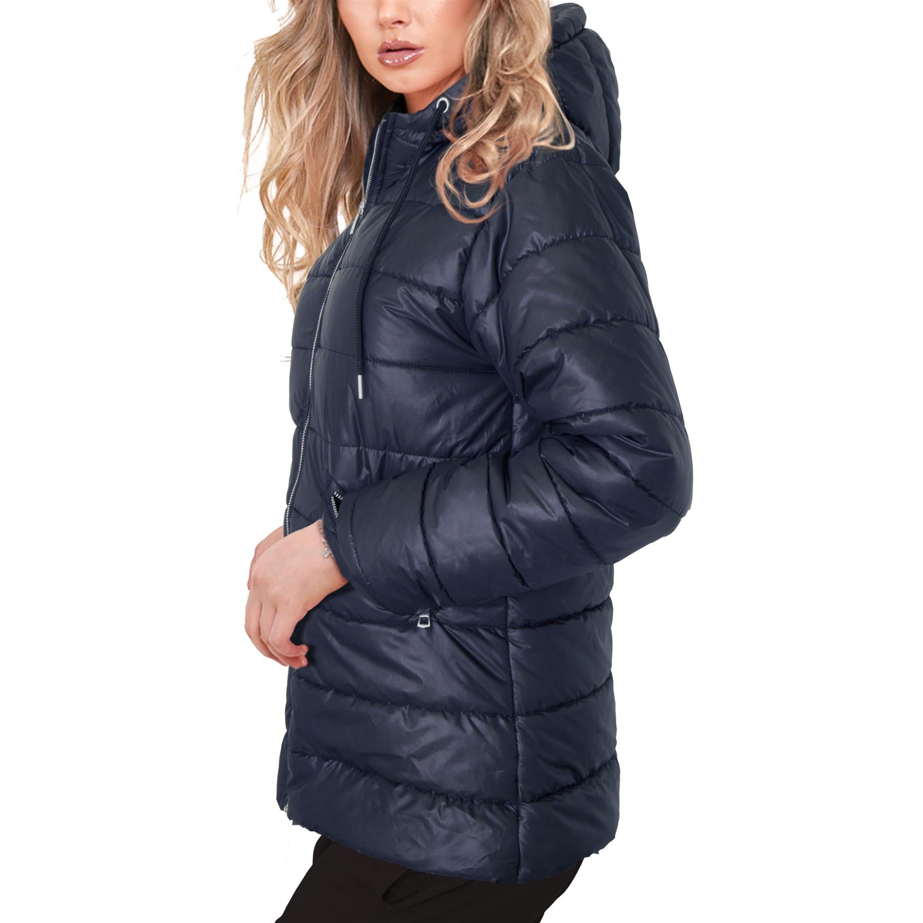 Ladies Oversized Zipped Hooded Long Line Navy Jacket