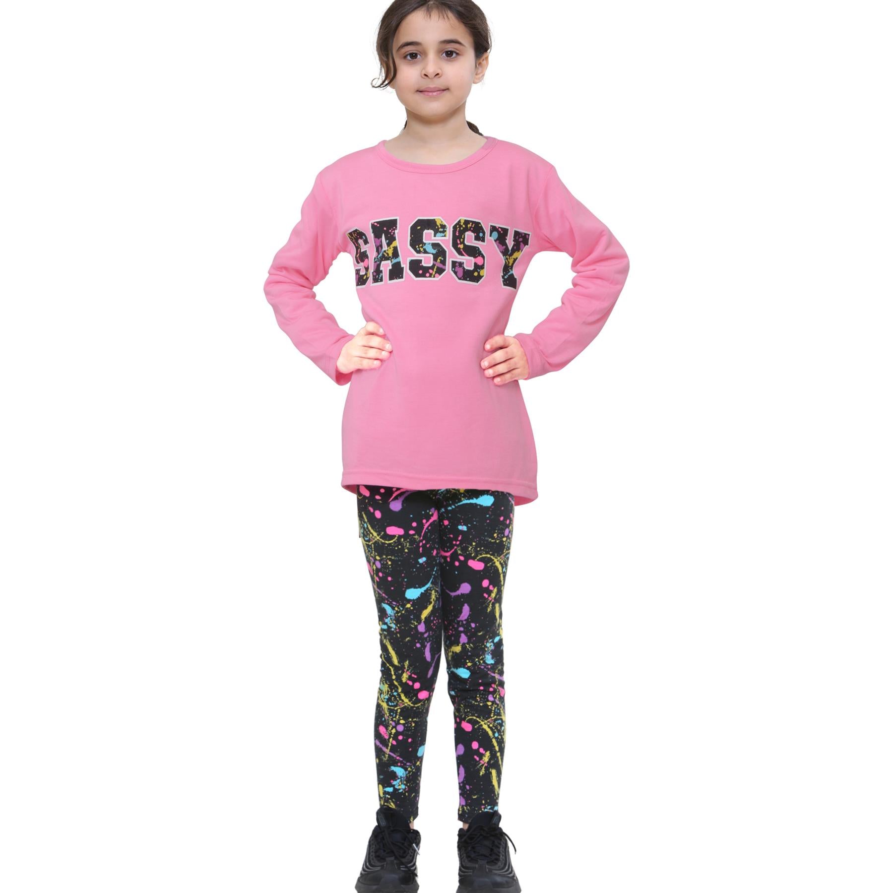 Girls Sassy Print Baby Pink Long Sleeves T Shirt Top & Legging Set