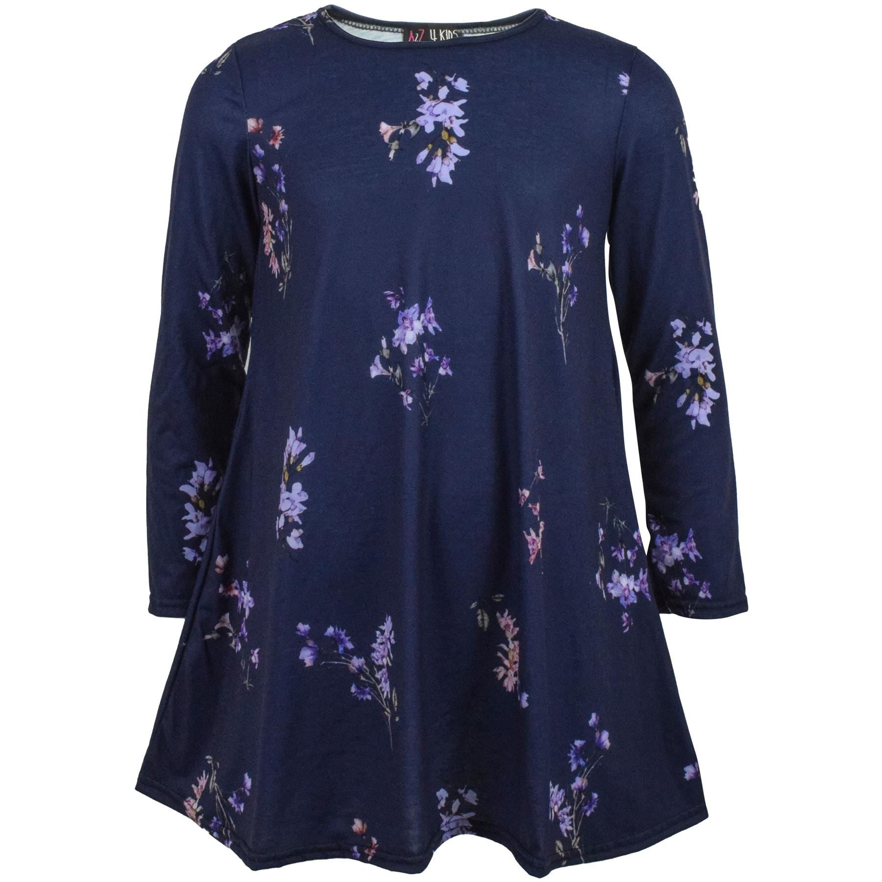 Kids Girls Swing Dress Long Sleeves Navy Floral Party