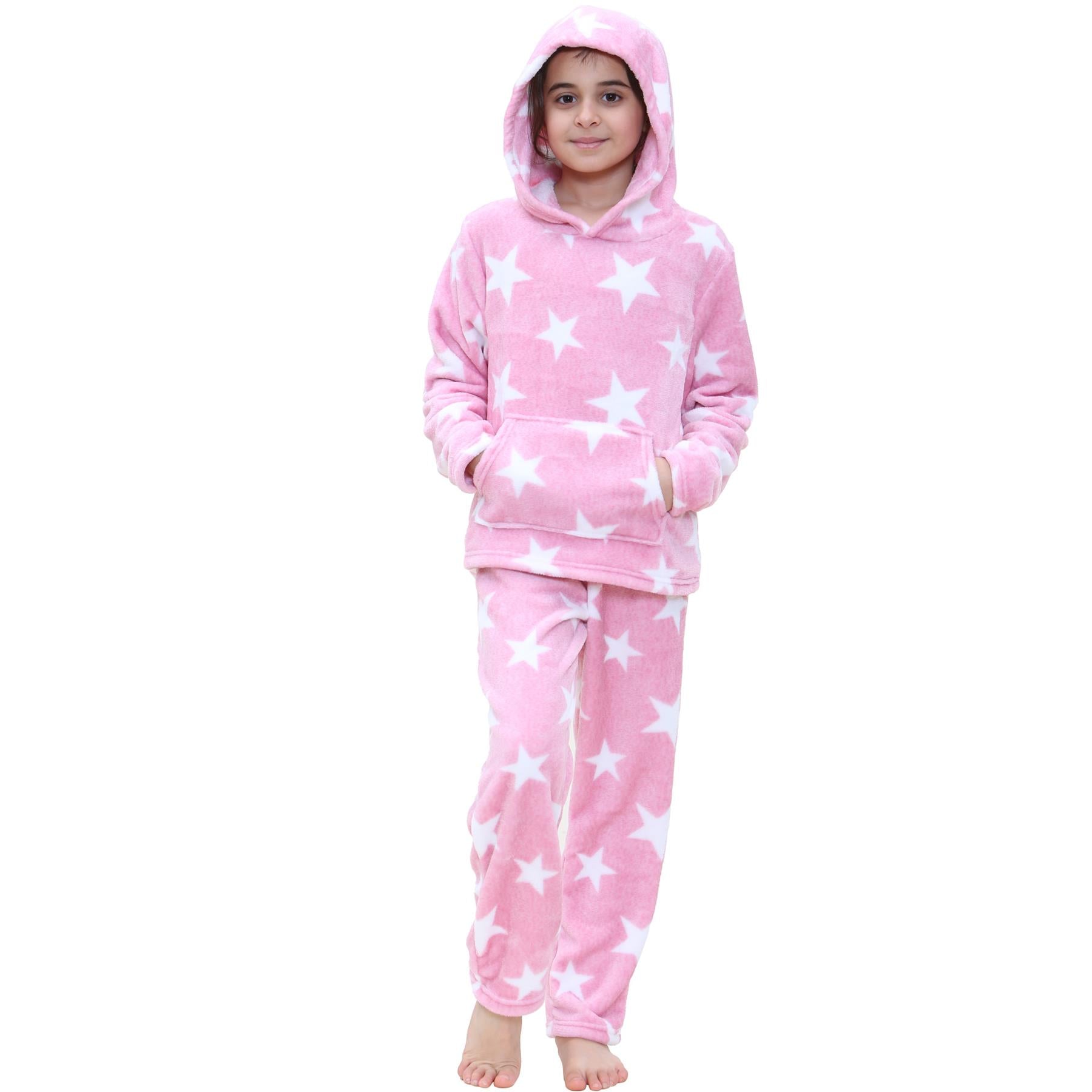 Kids Girls Stars Print Pink Pyjama Extra Soft Flannel Fleece Hooded PJS Set