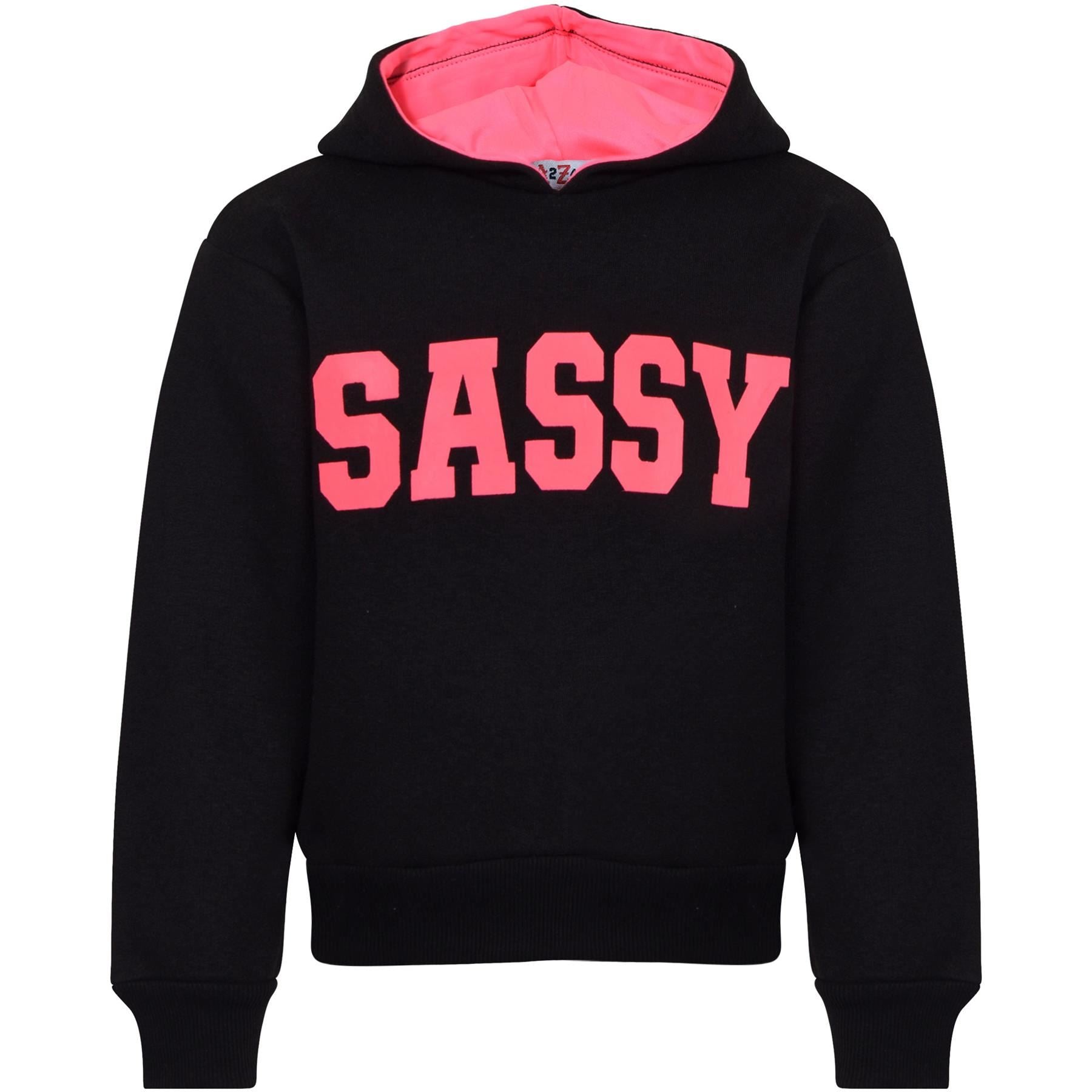 Kids Girls Sassy Print Tracksuit Black & Neon Pink Hooded Top & Bottom Jogging Suit