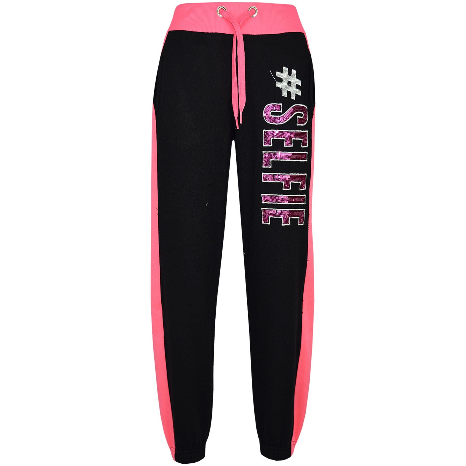 Girls #SELFIE Sequin Embroidered Black & N.Pink Tracksuit