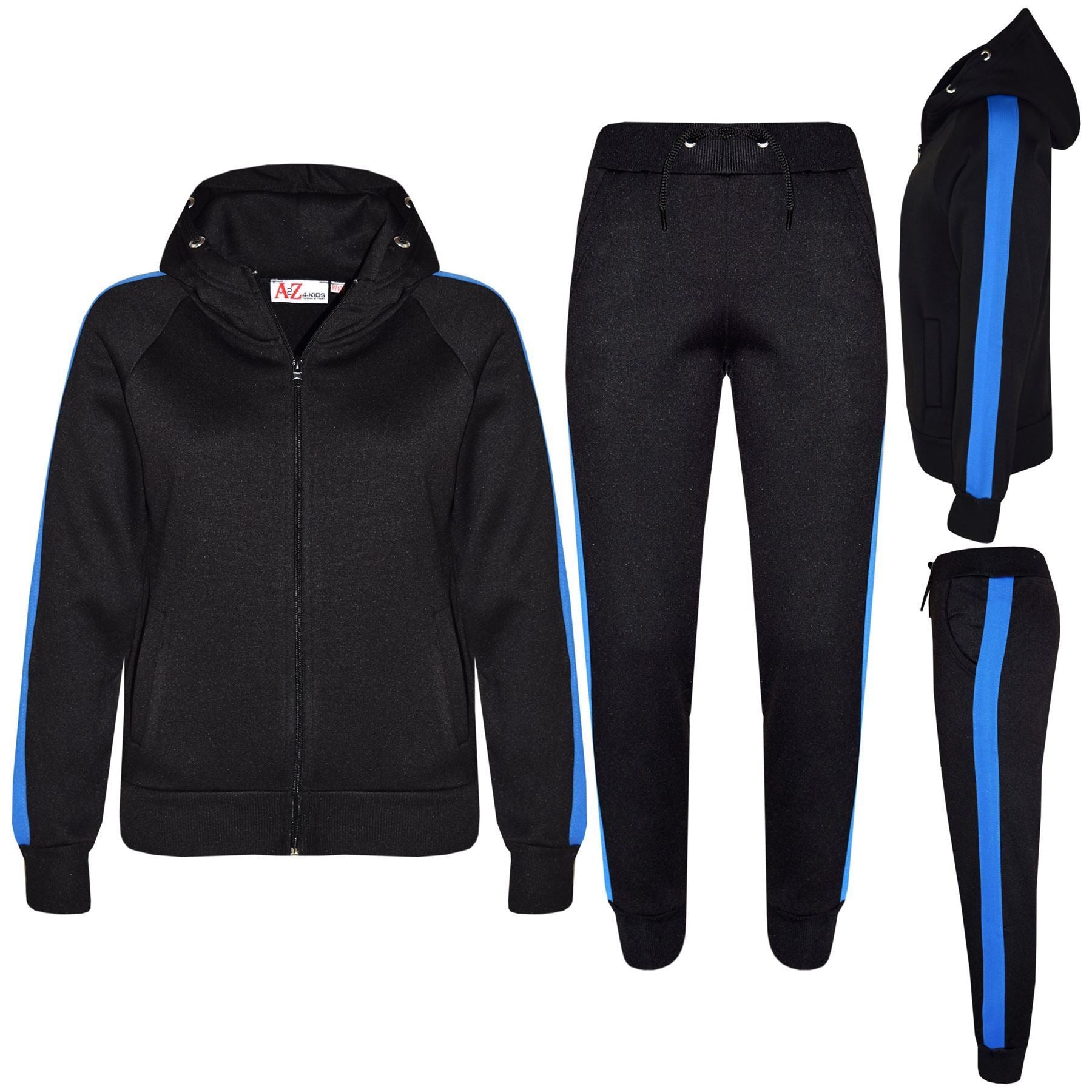 Unisex Black & Blue Jogging Plain Fleece Hooded Tracksuit