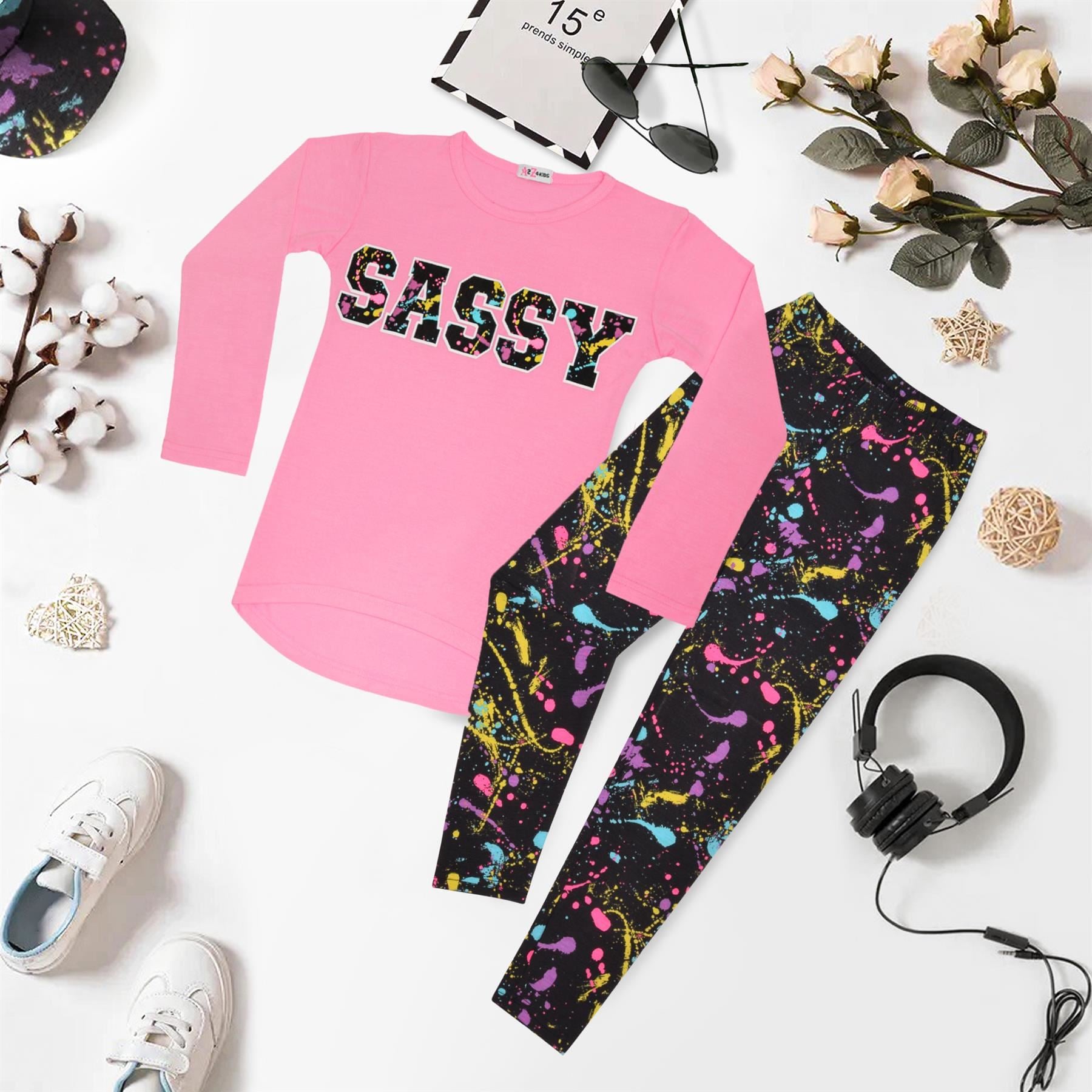 Girls Sassy Print Baby Pink Long Sleeves T Shirt Top & Legging Set