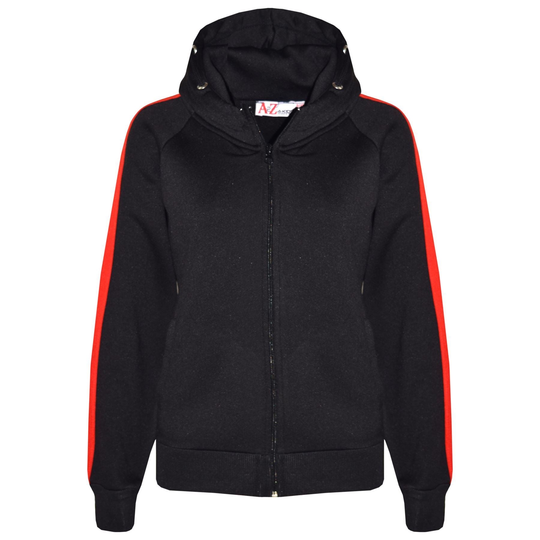 Unisex Black & Red Jogging Plain Fleece Hooded Tracksuit