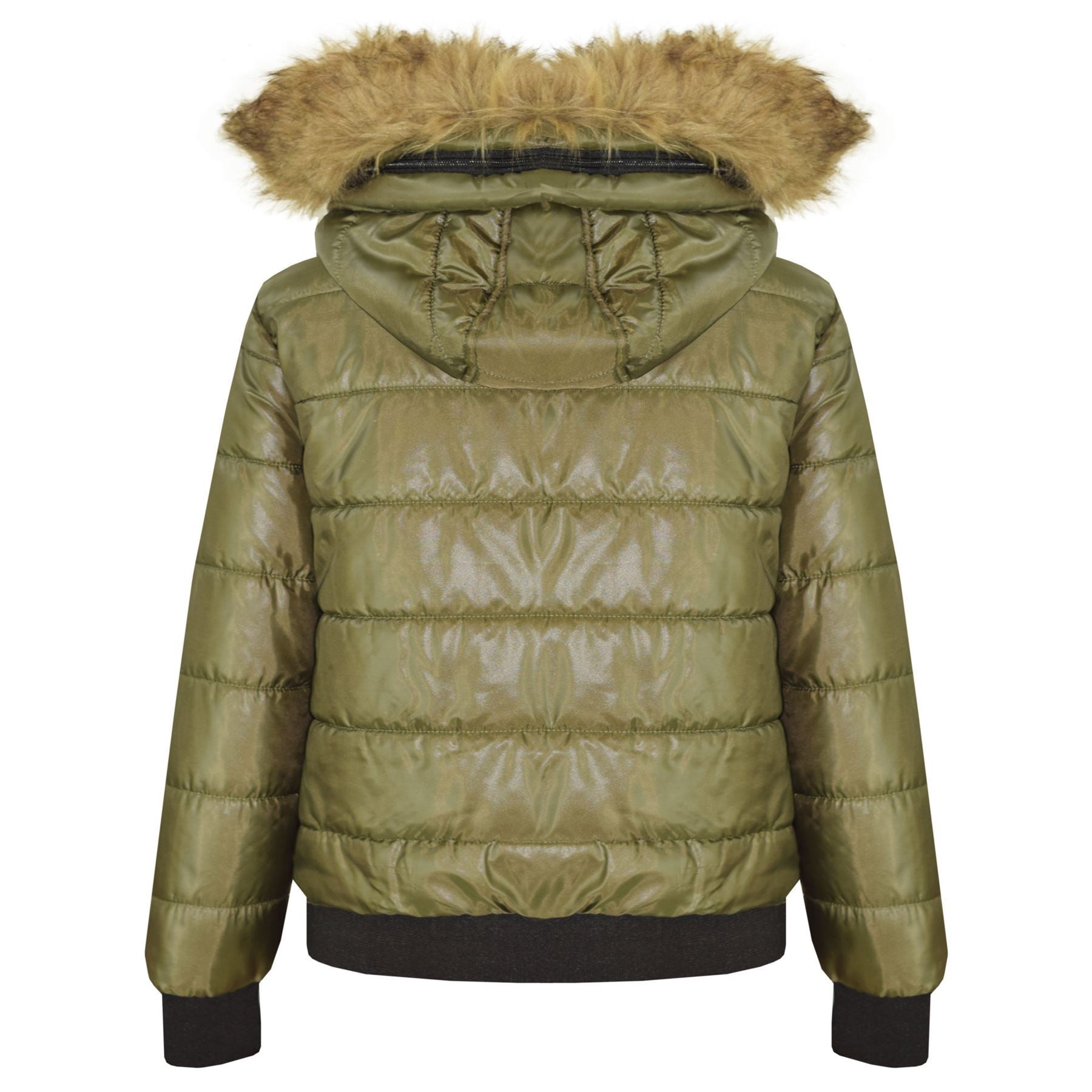 Kids Girls Boys Fux Fur Olive Hooded Puffer Jacket