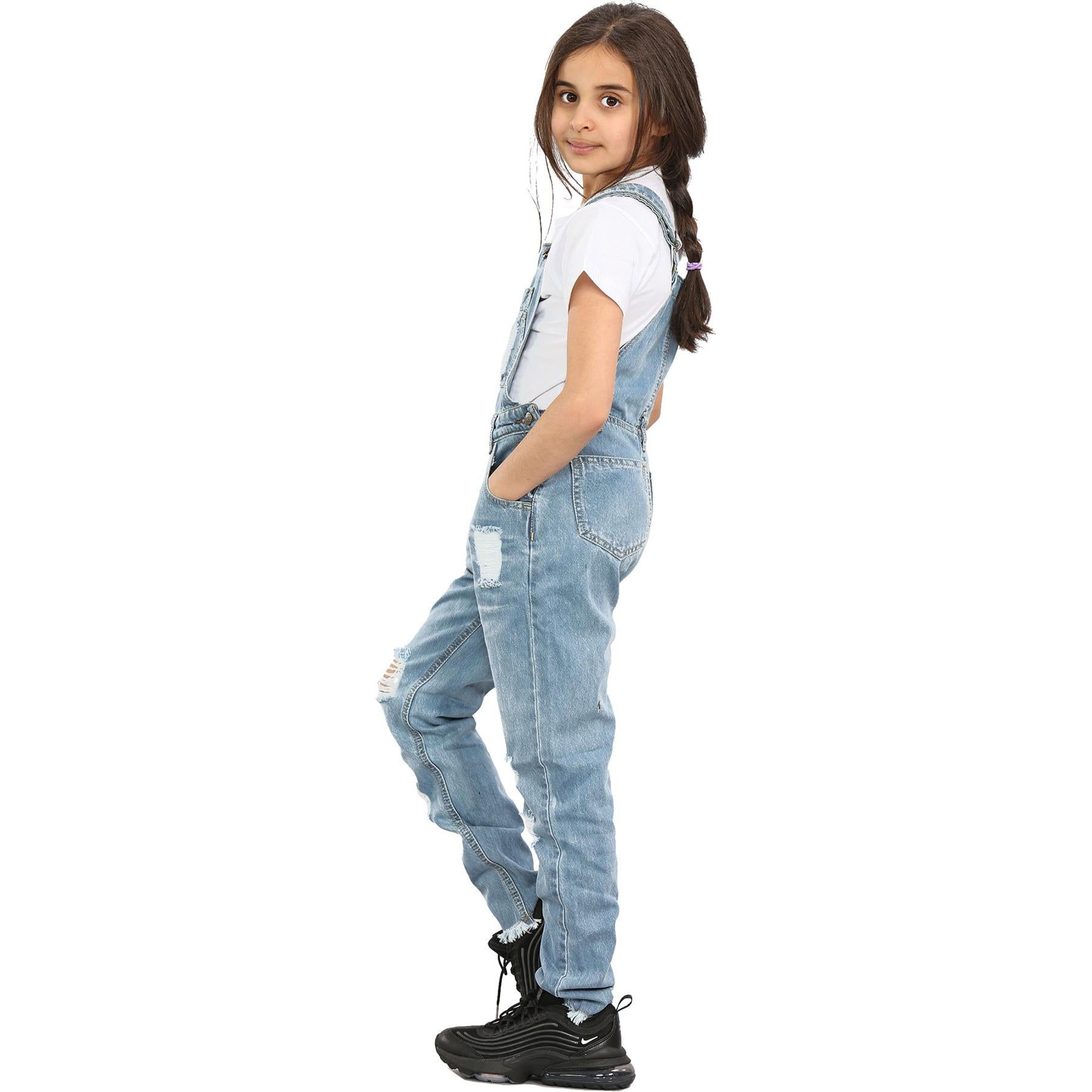 Kids Girls Denim Dungaree Full Length Ripped Jeans - Kids Clothing Store