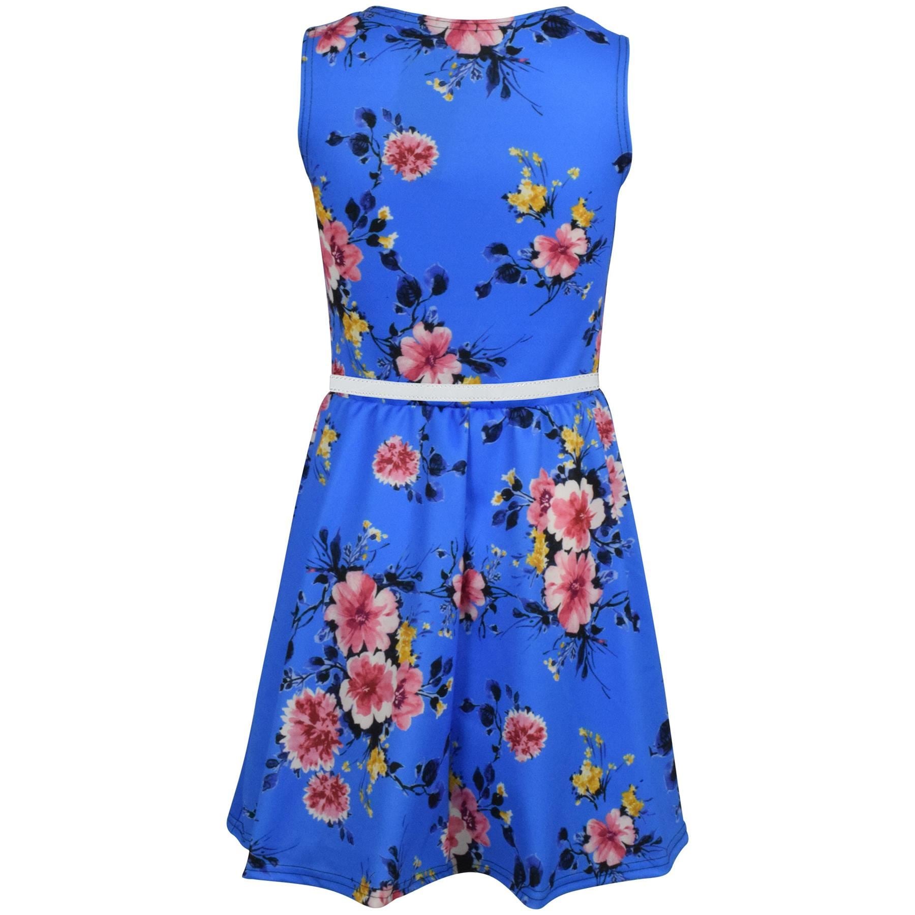 Girls Floral Print Royal Blue Skater Dress