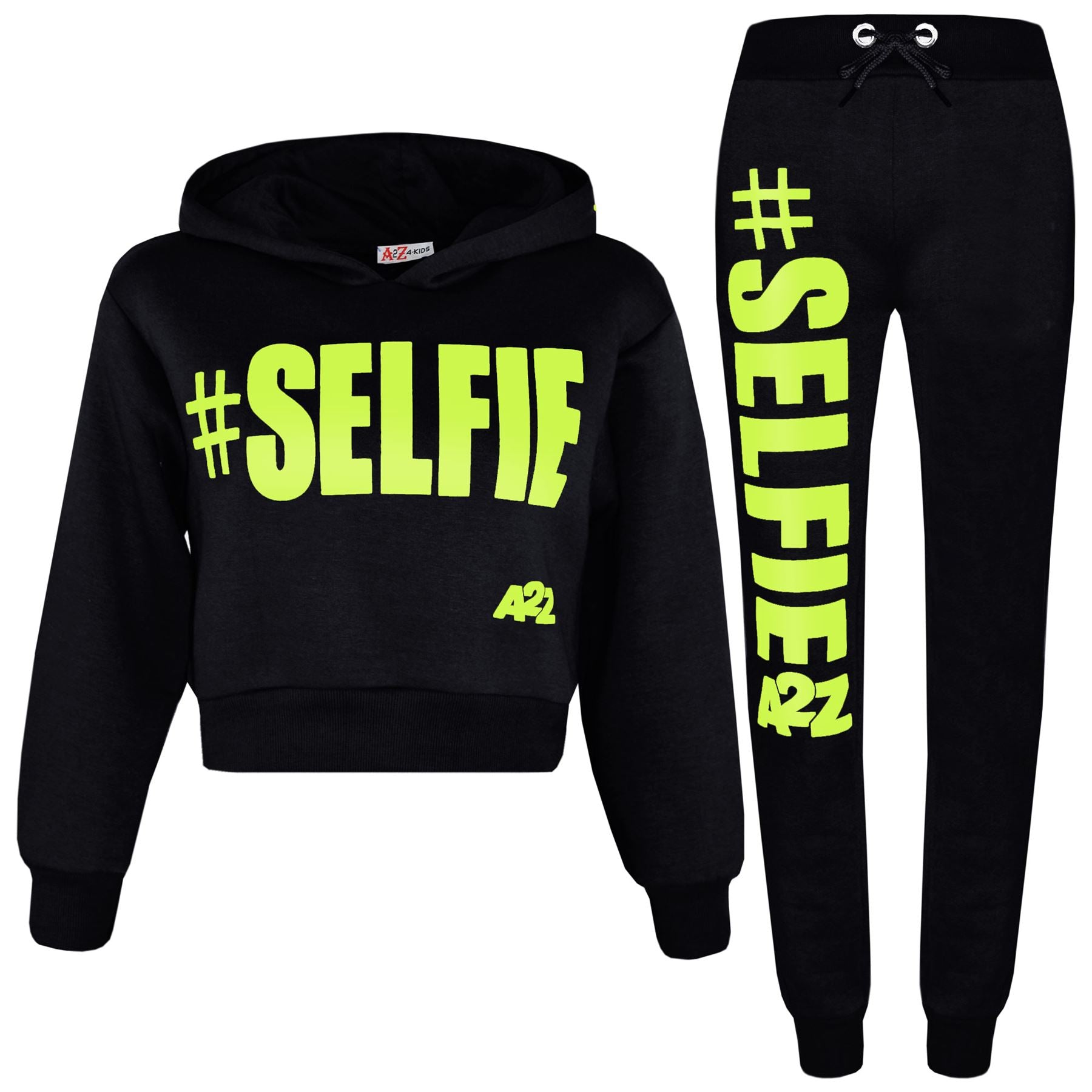 Kids Girls #Selfie Printed Hooded Crop Top & Bottom Jogging Suit