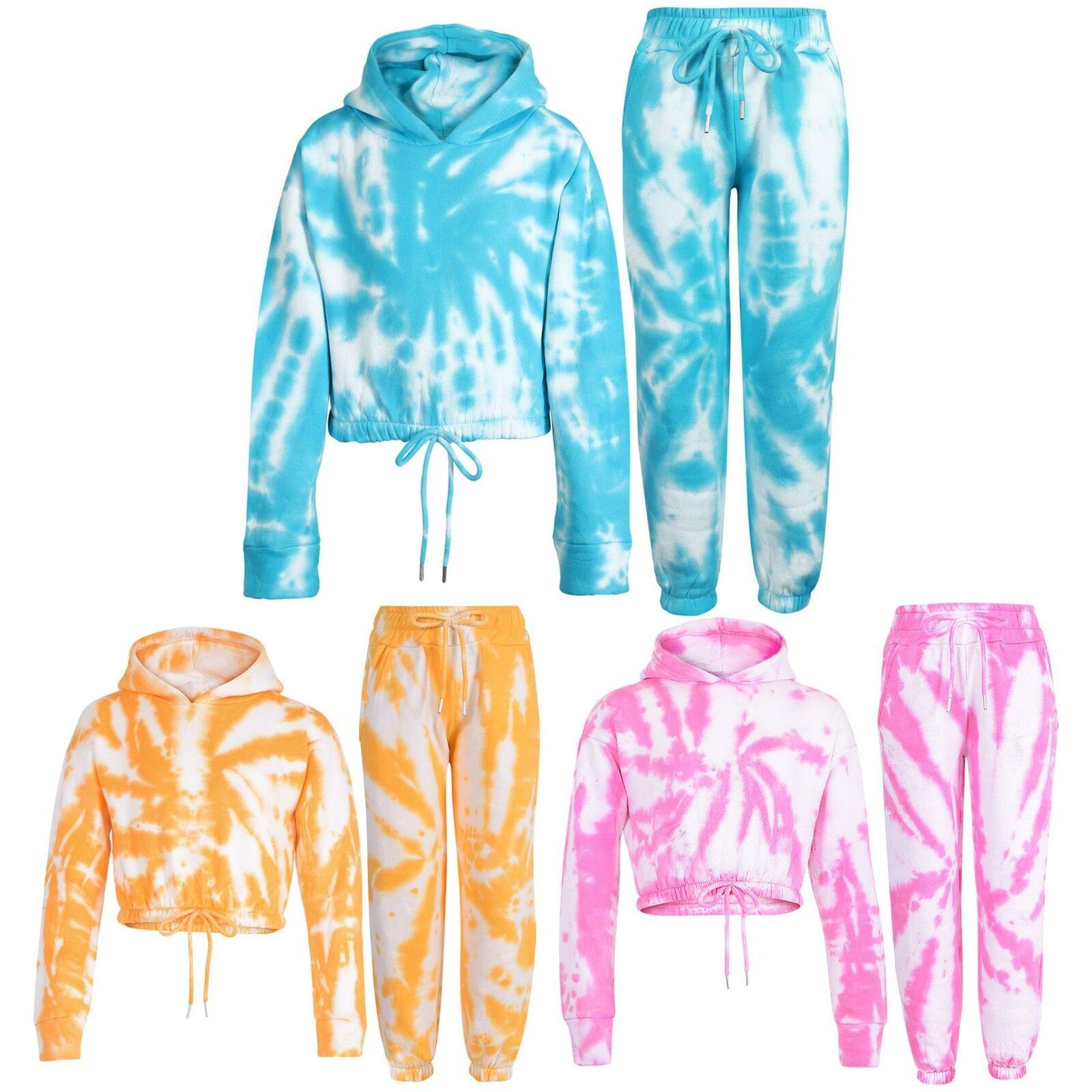 Kids Girls Tie Dye Tracksuit Gym Cropped Hoodie Sweatpants