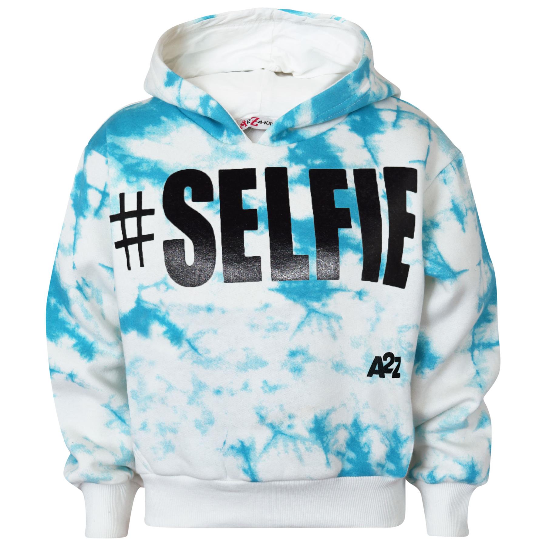 Kids Girls #Selfie Printed Hooded Crop Top & Bottom Jogging Suit