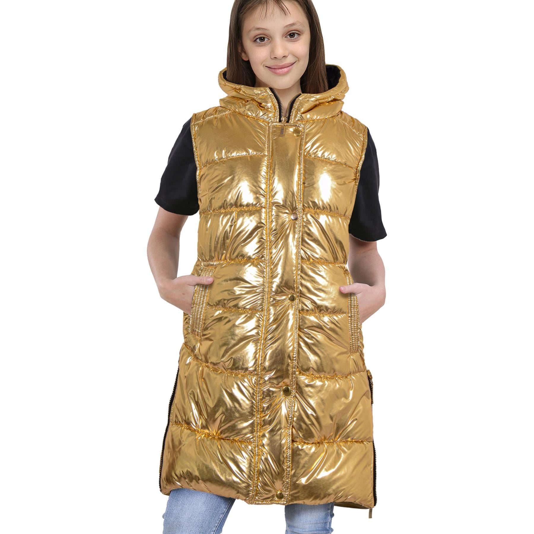 Kids Girls Oversized Gilet Long Line Style Golden Foil Jacket