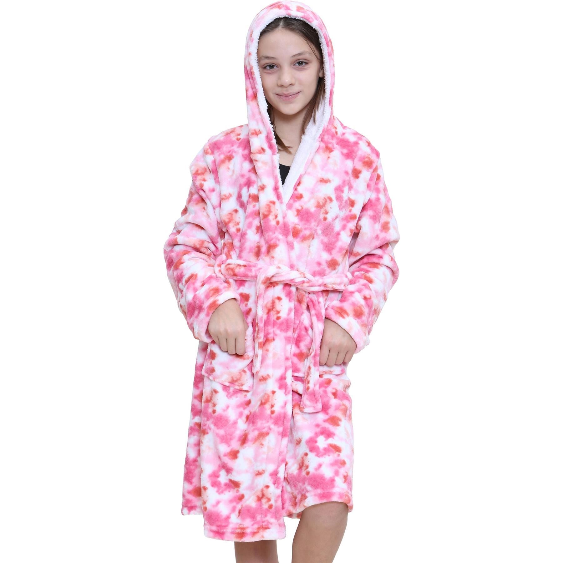 Girls Soft Tie Dye Pink Printed Hooded Robe