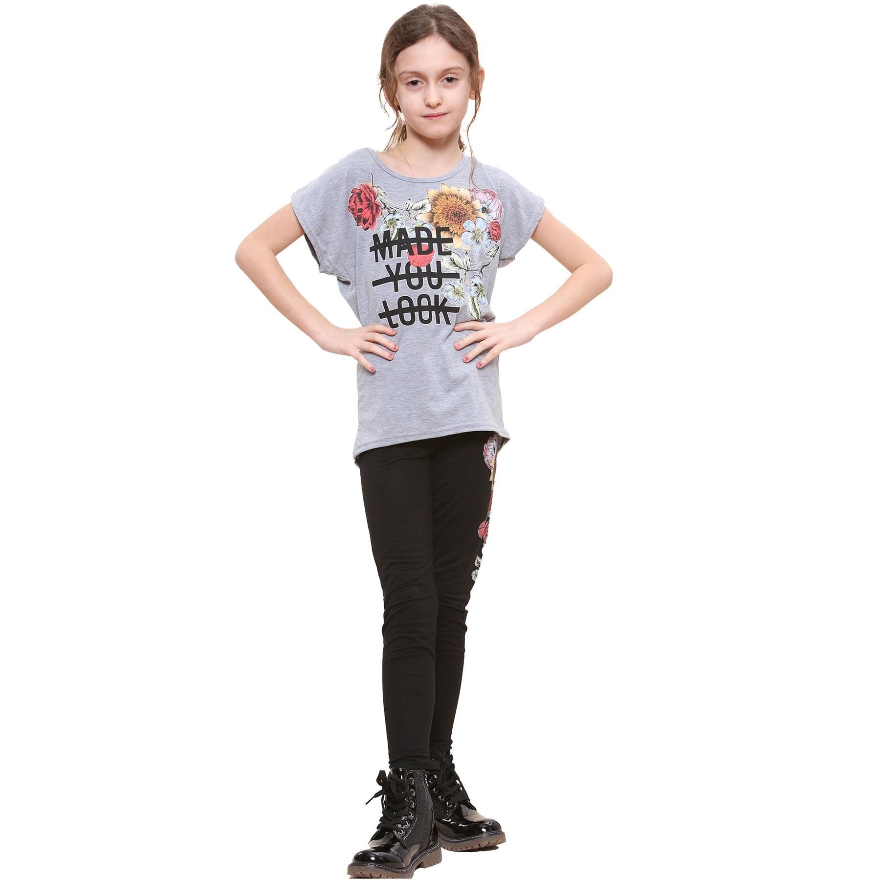 Kids Girls Made You Look Print Grey T Shirt Top & Legging Set