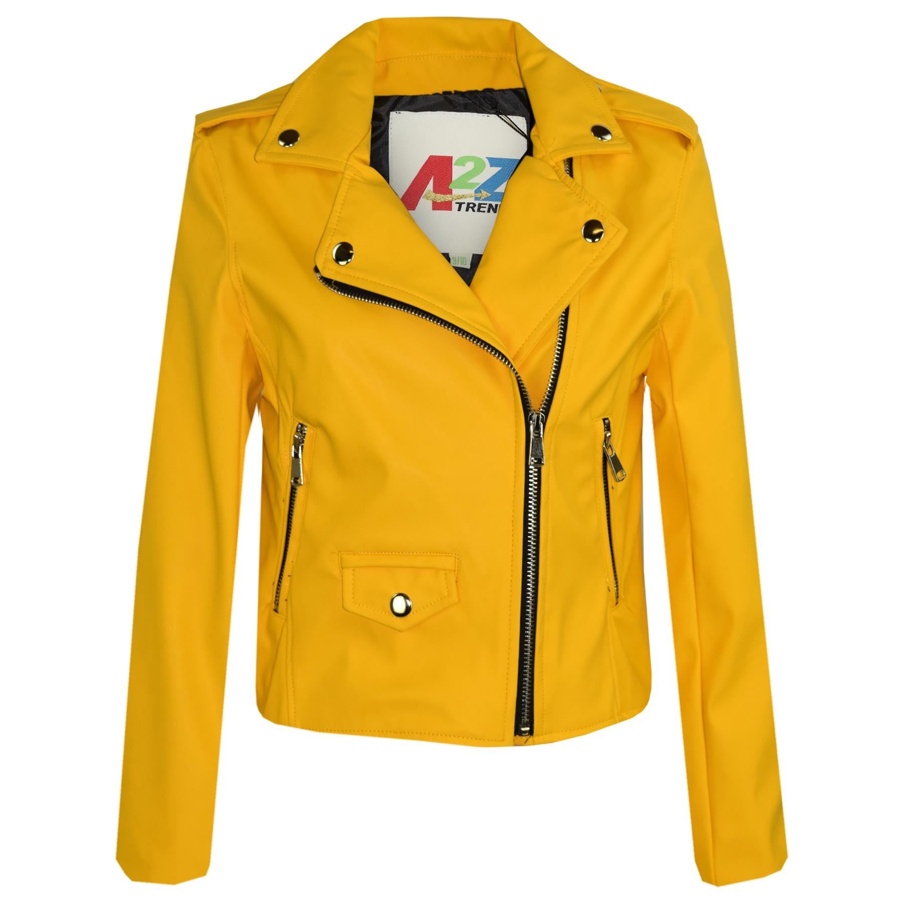 Kids Girls Mustard Jackets PU Leather Zip Up Biker Coat Overcoats
