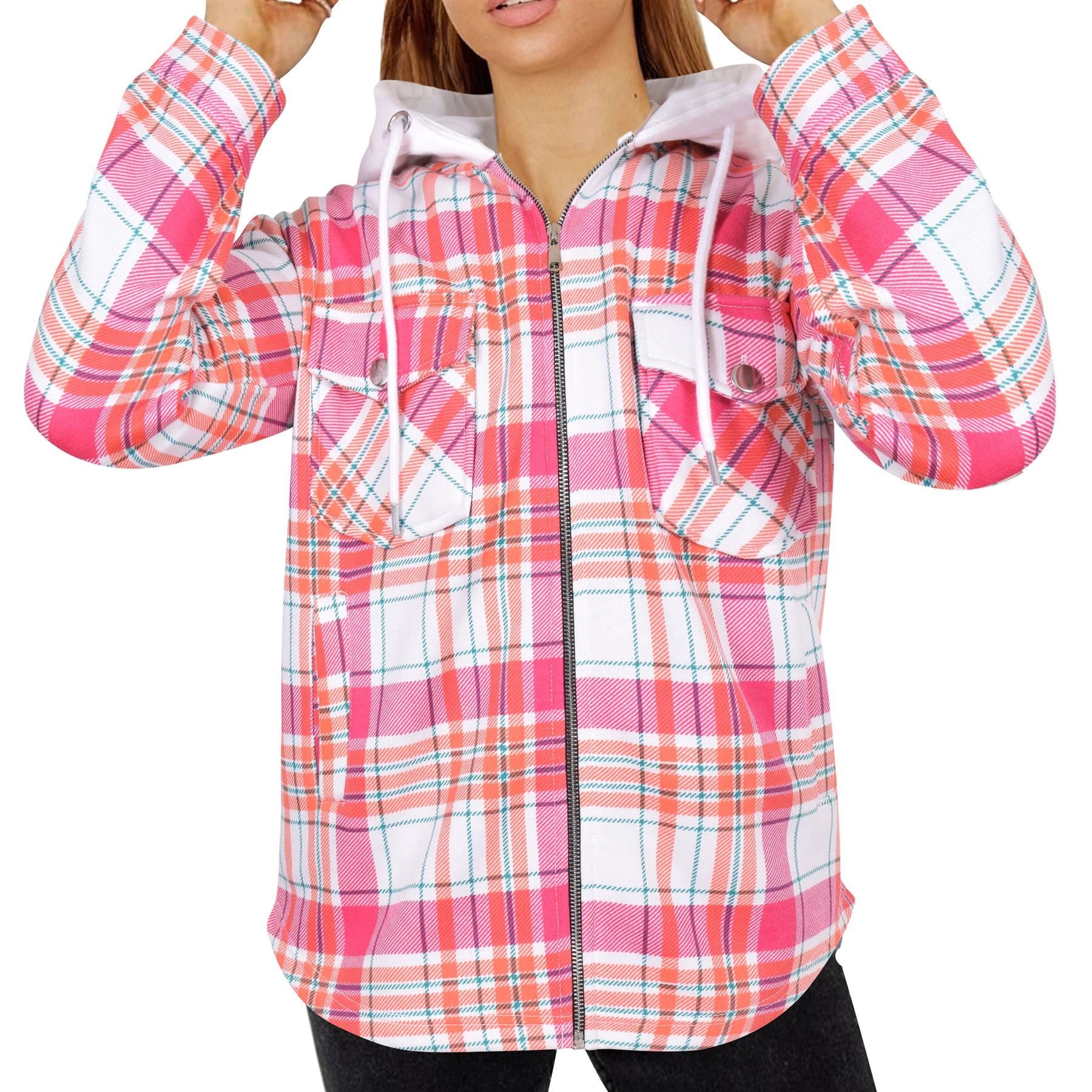 Ladies Shacket Pink Checked Print Oversize Hooded Coat For Women