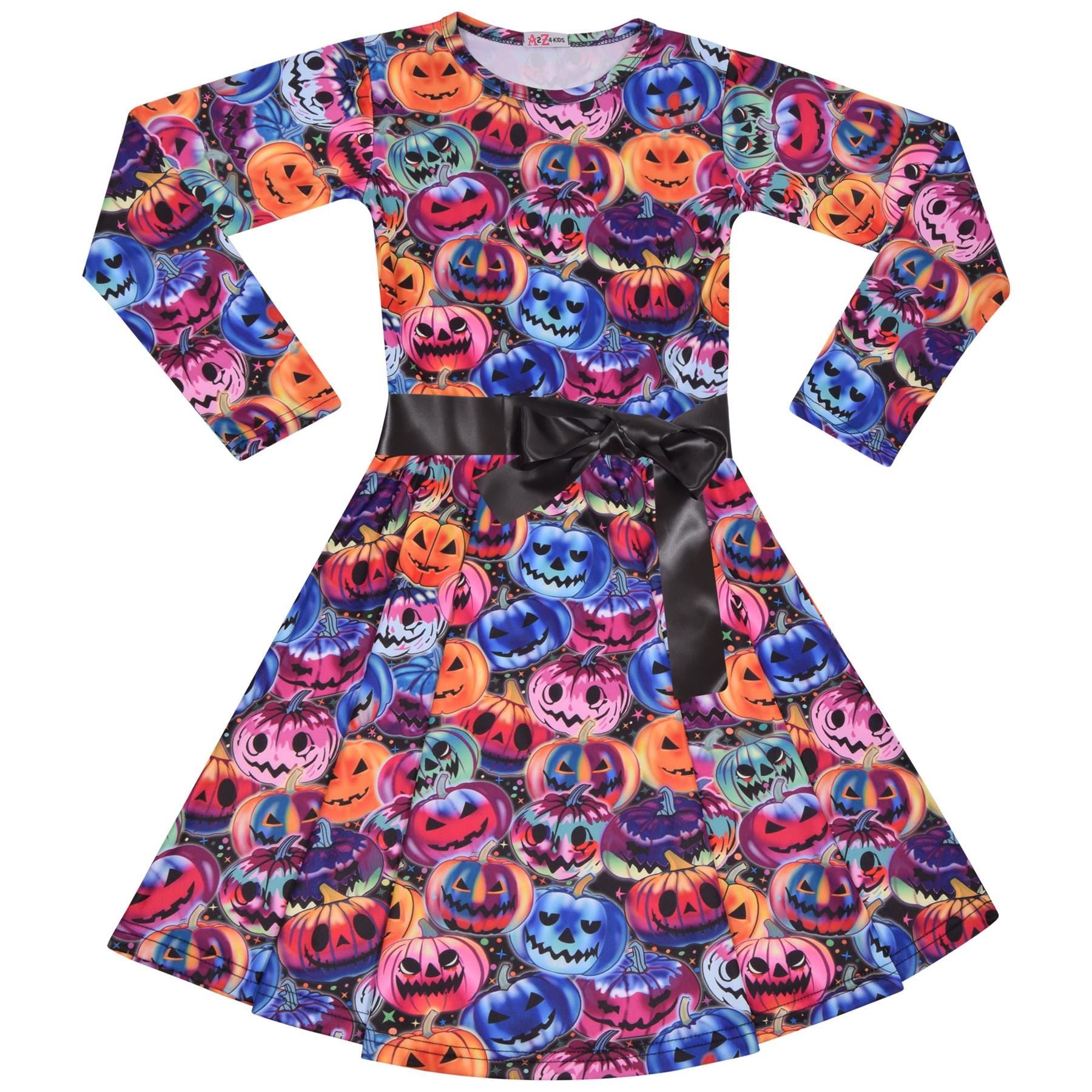 Girls Long Sleeves Multi Color Pumpkins Print Halloween Skater Dress