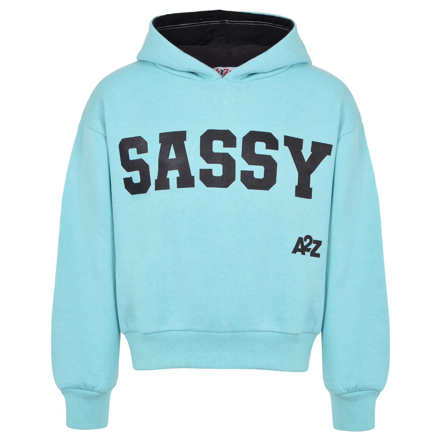 Kids Girls Sassy Print Tracksuit Aqua Hooded Top & Bottom Jogging Suit