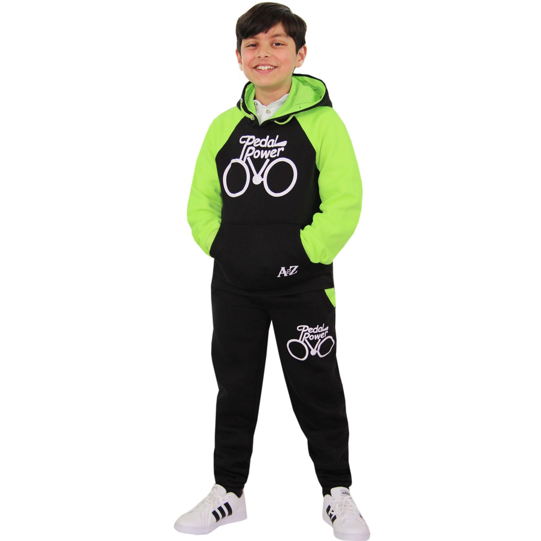 Kids Unisex Pedal Power Print Hooded Black And Neon Green Tracksuit