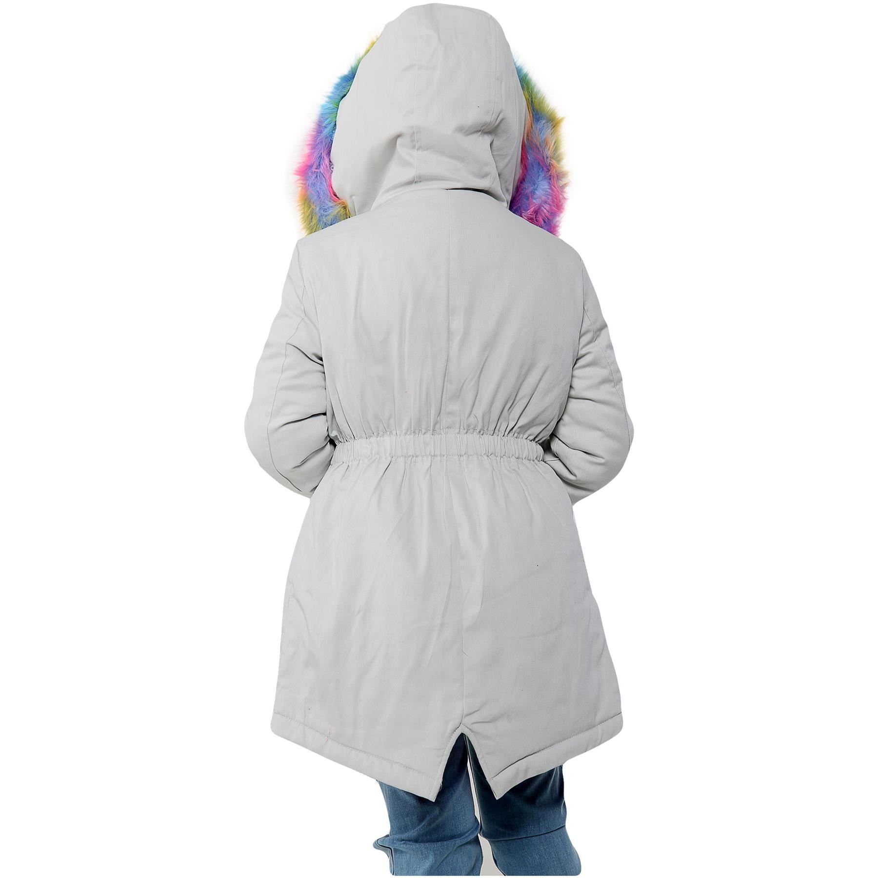 Kids Girls Hooded Coat Rainbow Faux Fur Silver Parka School Jackets