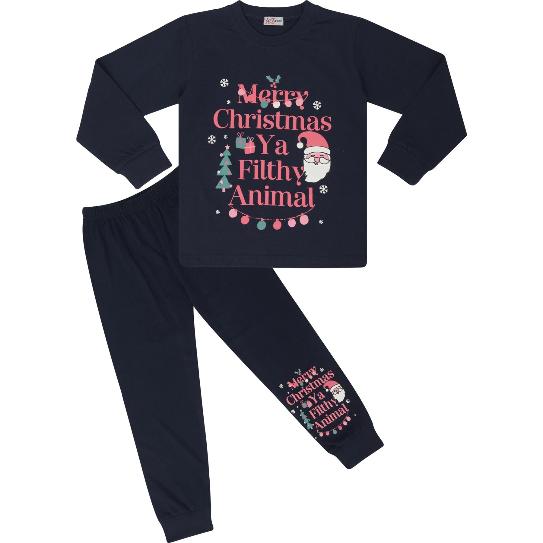 Kids Girls Christmas Pyjamas Ya Filthy Animal Print Navy Lounge Suit