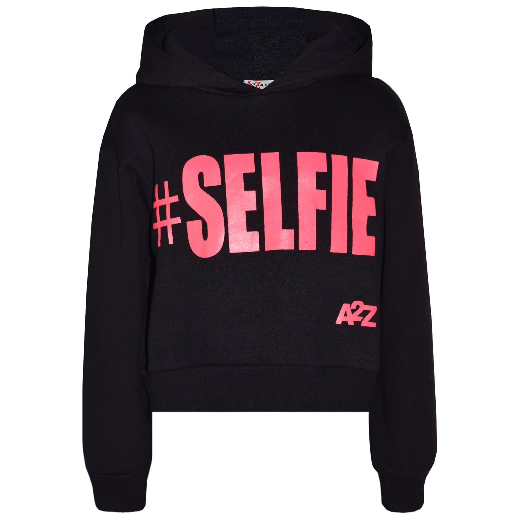 Kids Girls #Selfie Printed Hooded Crop Top & Bottom Jogging Suit