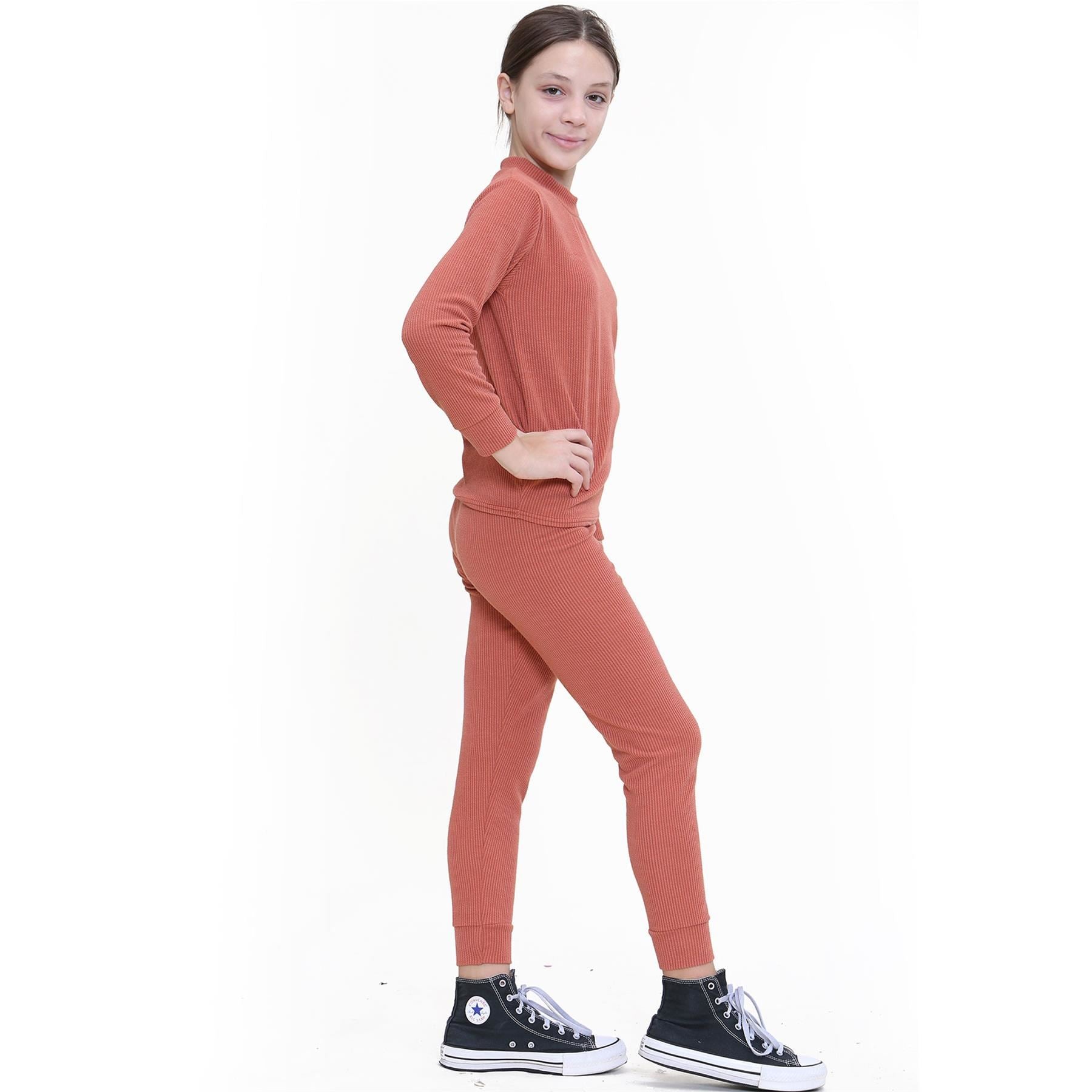 Kids Girls Ribbed Top & Bottom Tracksuit Lounge Wear Set