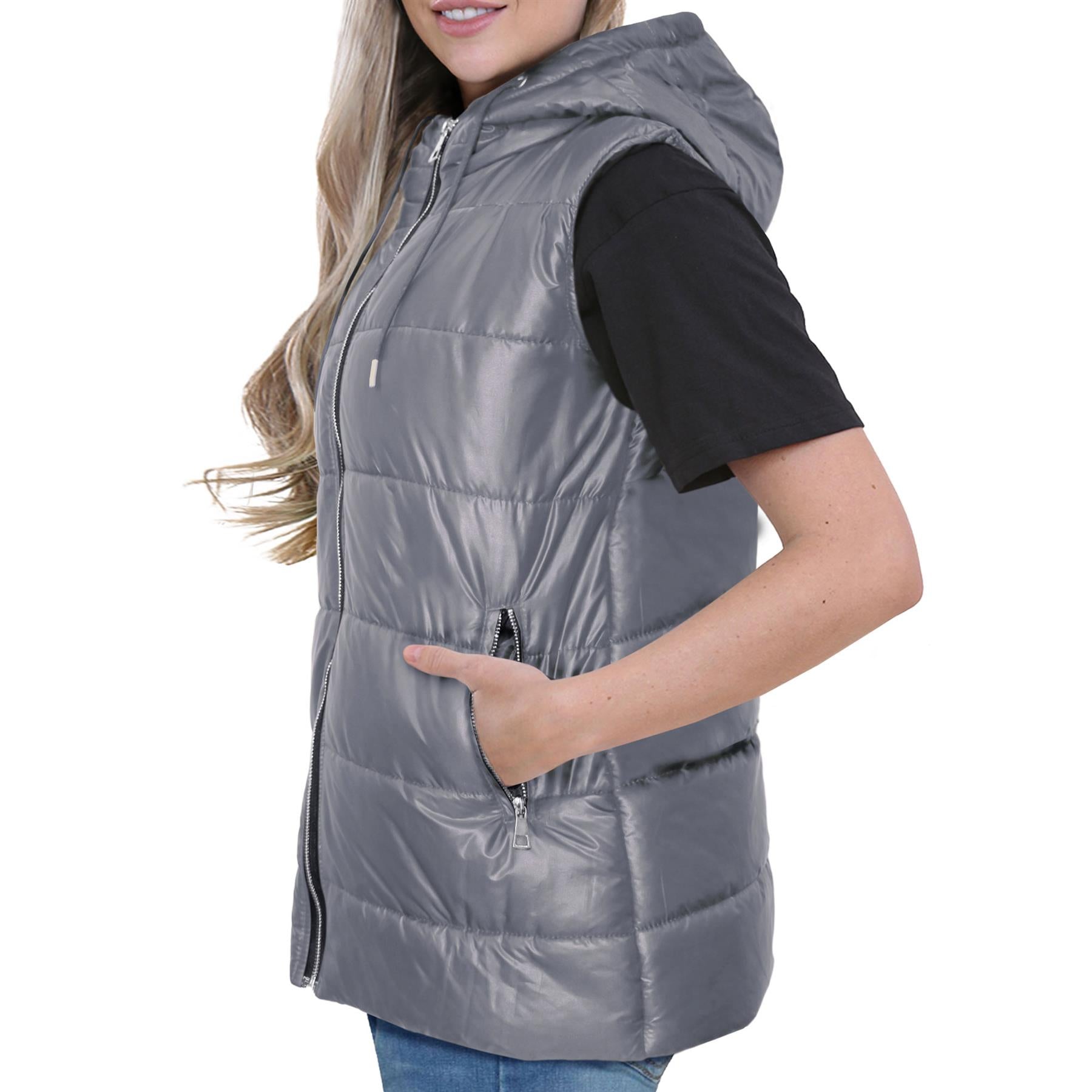 Ladies Oversized Silver Zipped Pockets Gilet Steel Grey Jacket Sleeveless Coat