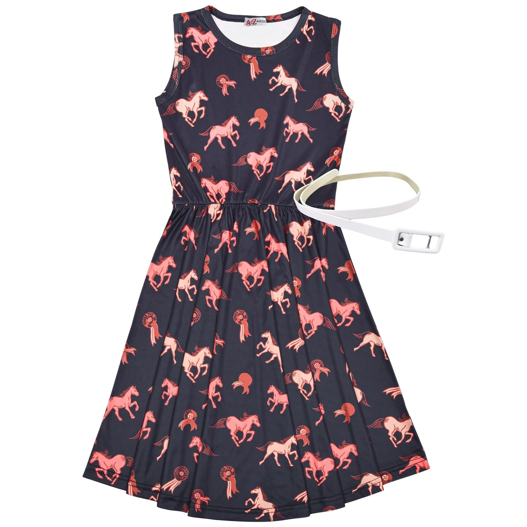 Kids Girls Sleeveless Horses Print Skater Dress