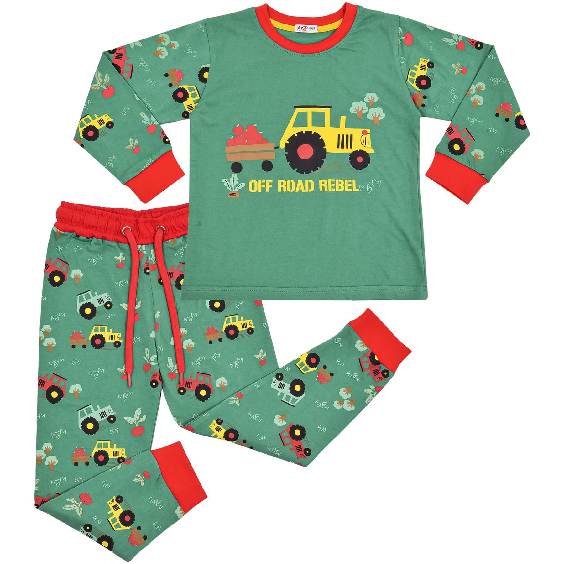 Kids Girls Boys Tractor Print Green Pyjamas Set