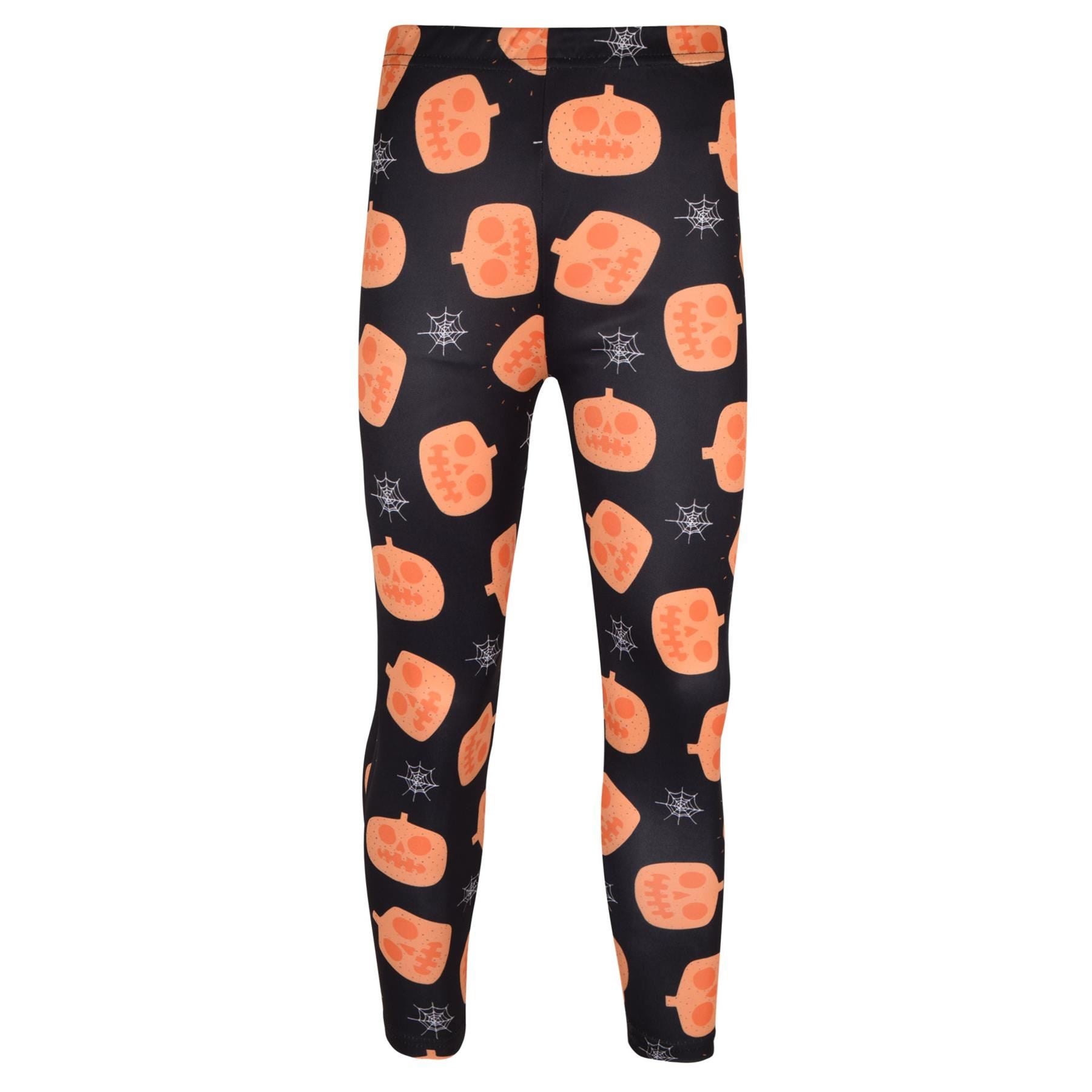 Girls Pumpkins & Spider Web Print Black Soft Stretchy Halloween Leggings