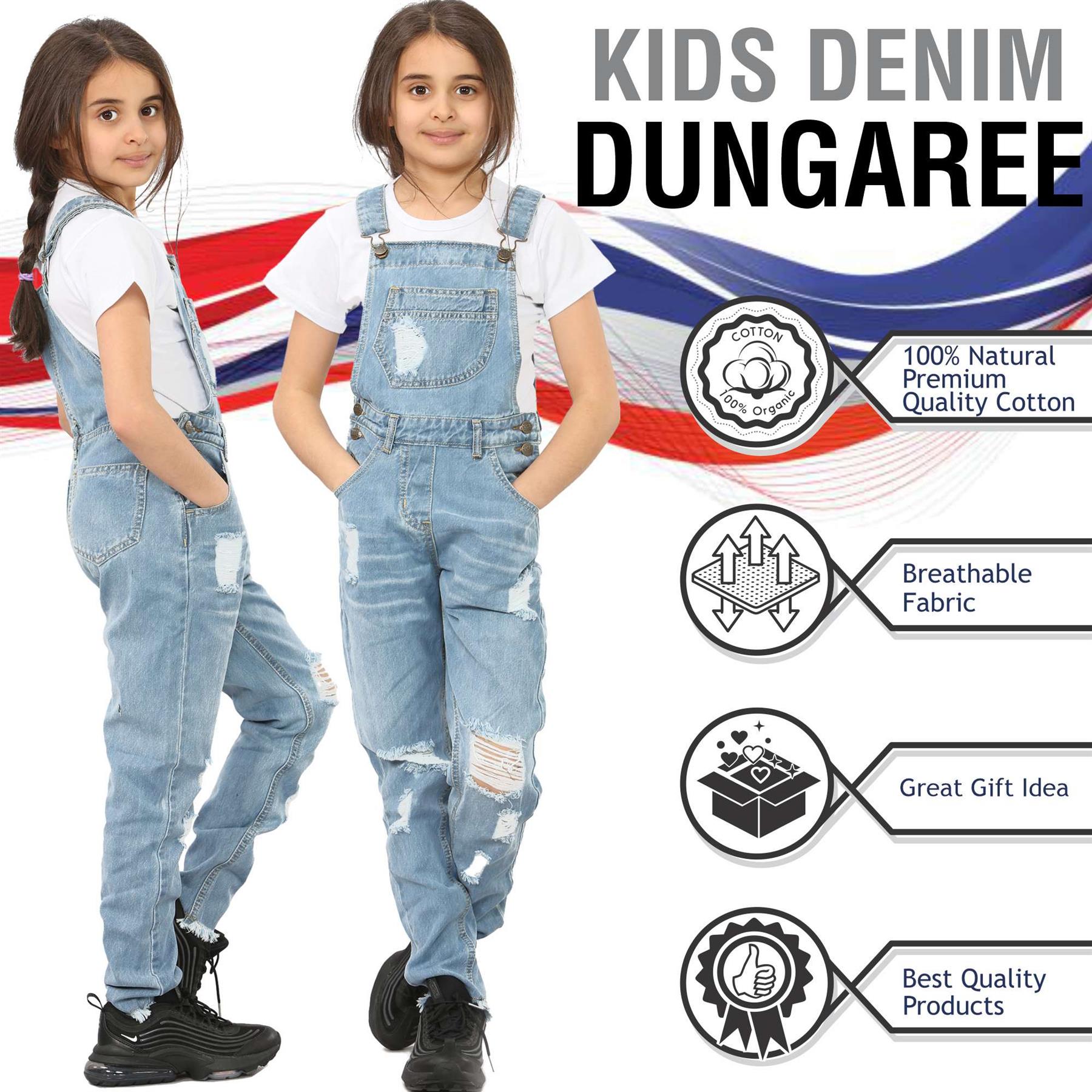 Kids Girls Denim Dungaree Full Length Ripped Jeans - Kids Clothing Store