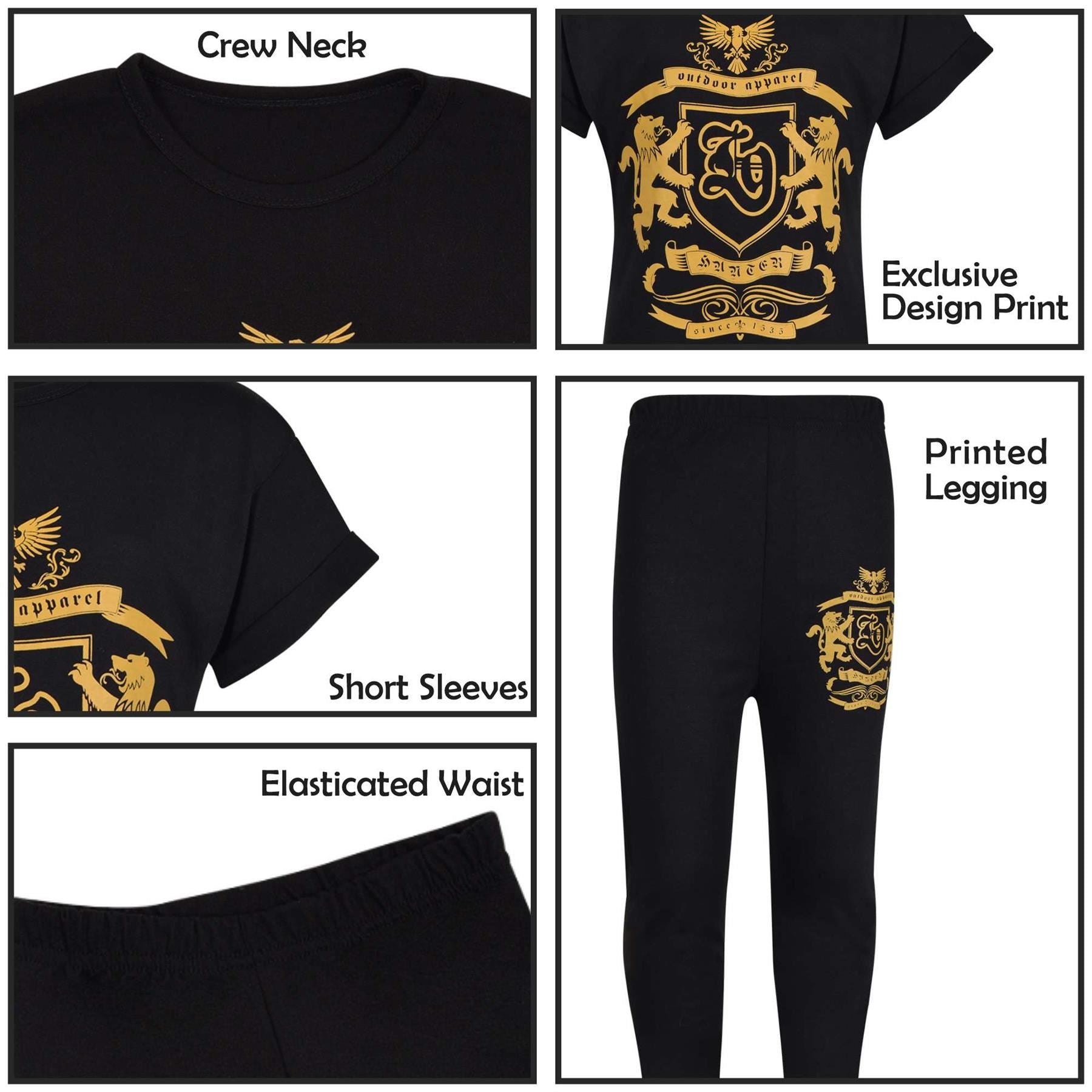 Kids Girls Varsity Lion Print Black T Shirt Top & Legging Set