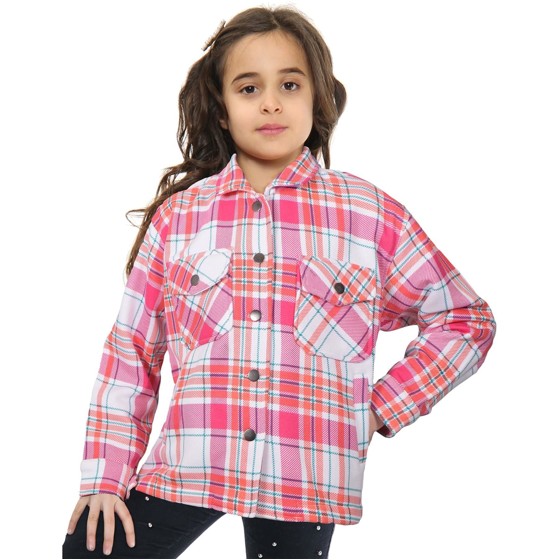 Kids Girls Checks Print Longline Fleece Collared Jacket