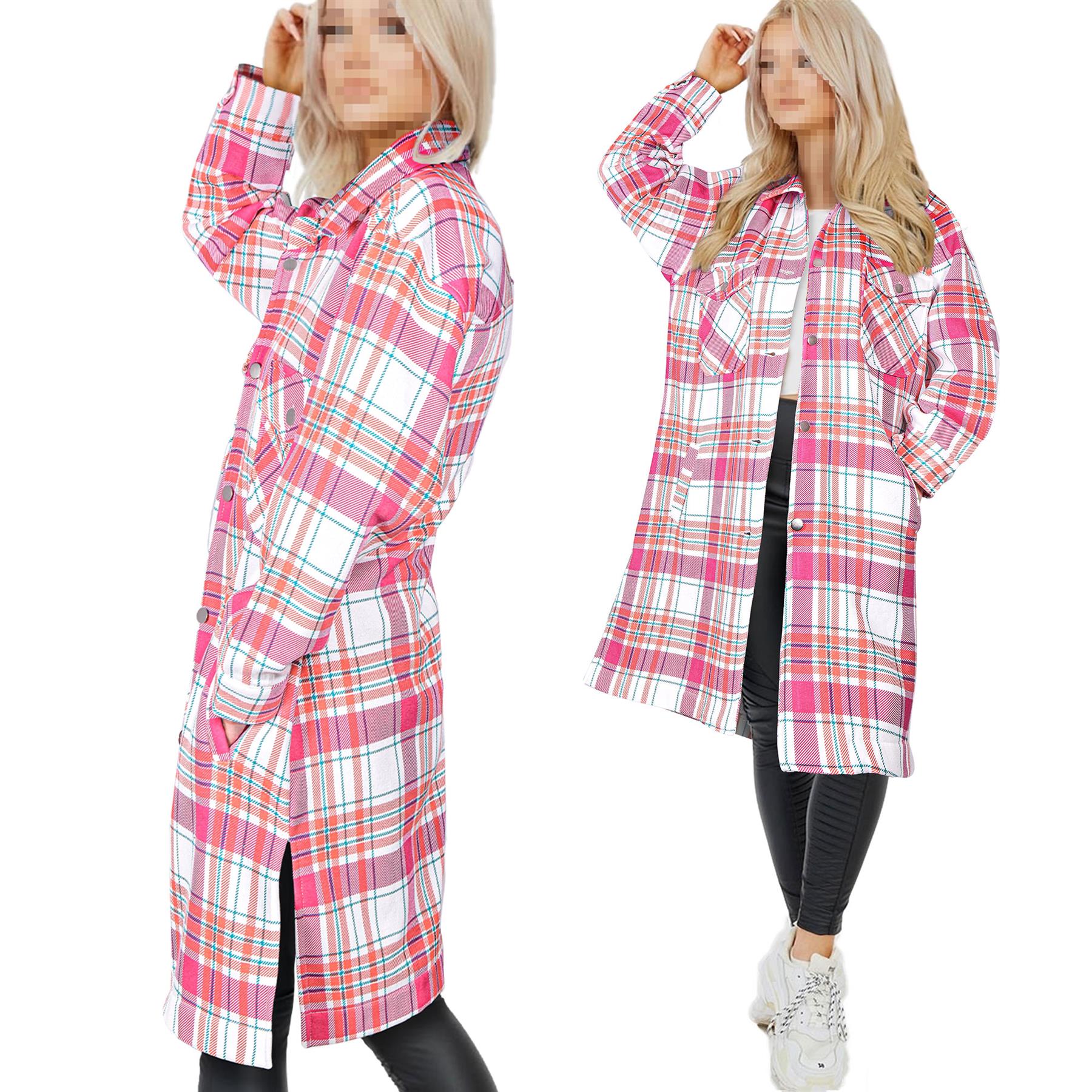 Ladies Longline Shacket Pink Checked Button Down Shirt Jacket Top Oversize Coat