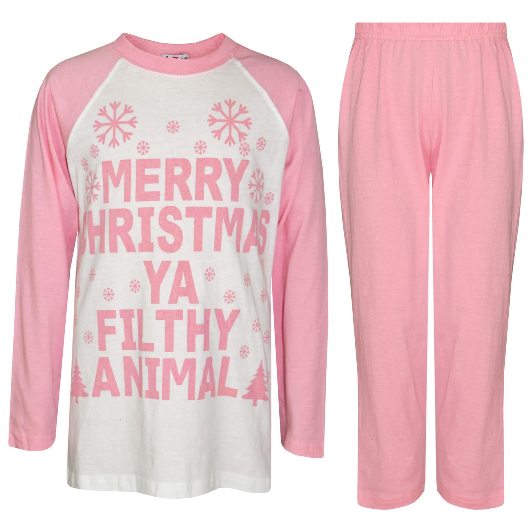 Girls Merry Xmas Ya Filthy Animal Print Baby Pink Pyjamas Set