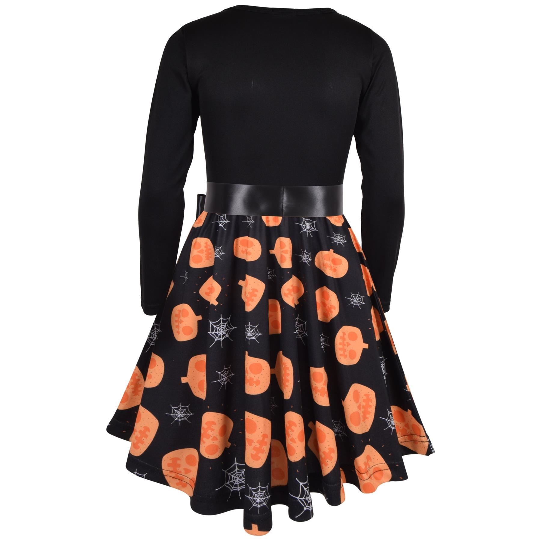 Girls Long Sleeves Black Panelled Pumpkins Print Halloween Skater Dress