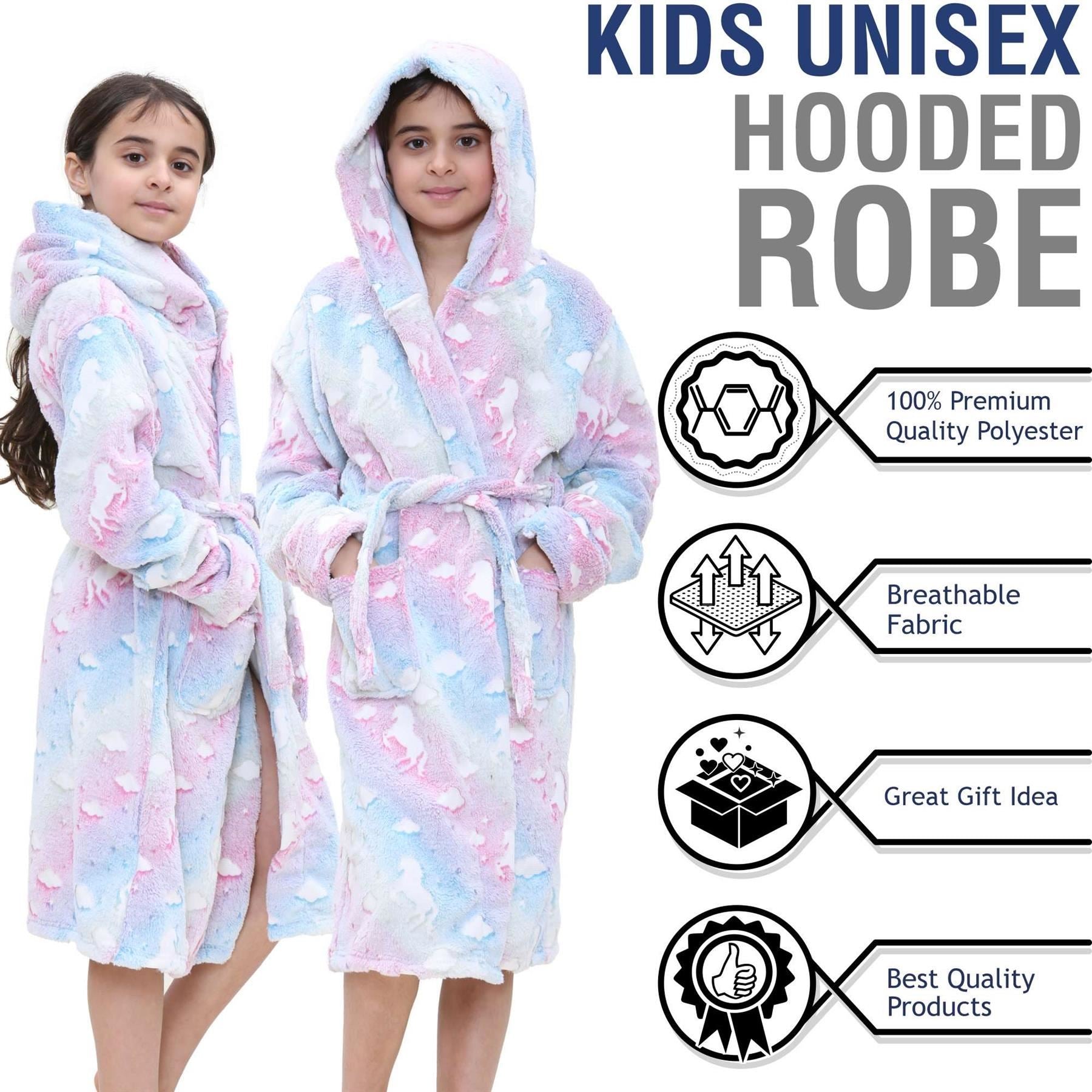 Kids Girls Unicorns Print Soft Glow In The Dark Rainbow Hooded Robe