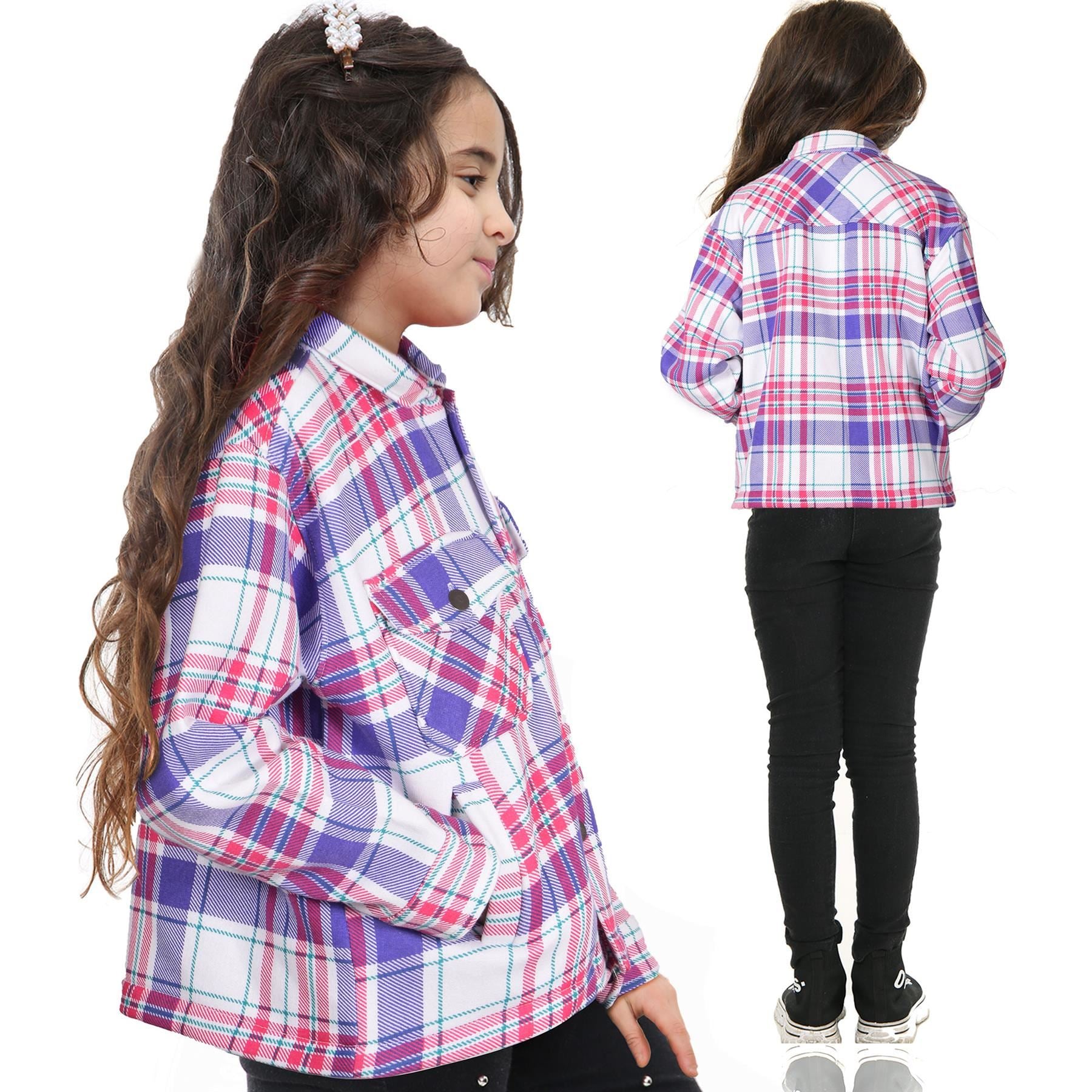 Kids Girls Checks Print Longline Fleece Collared Jacket