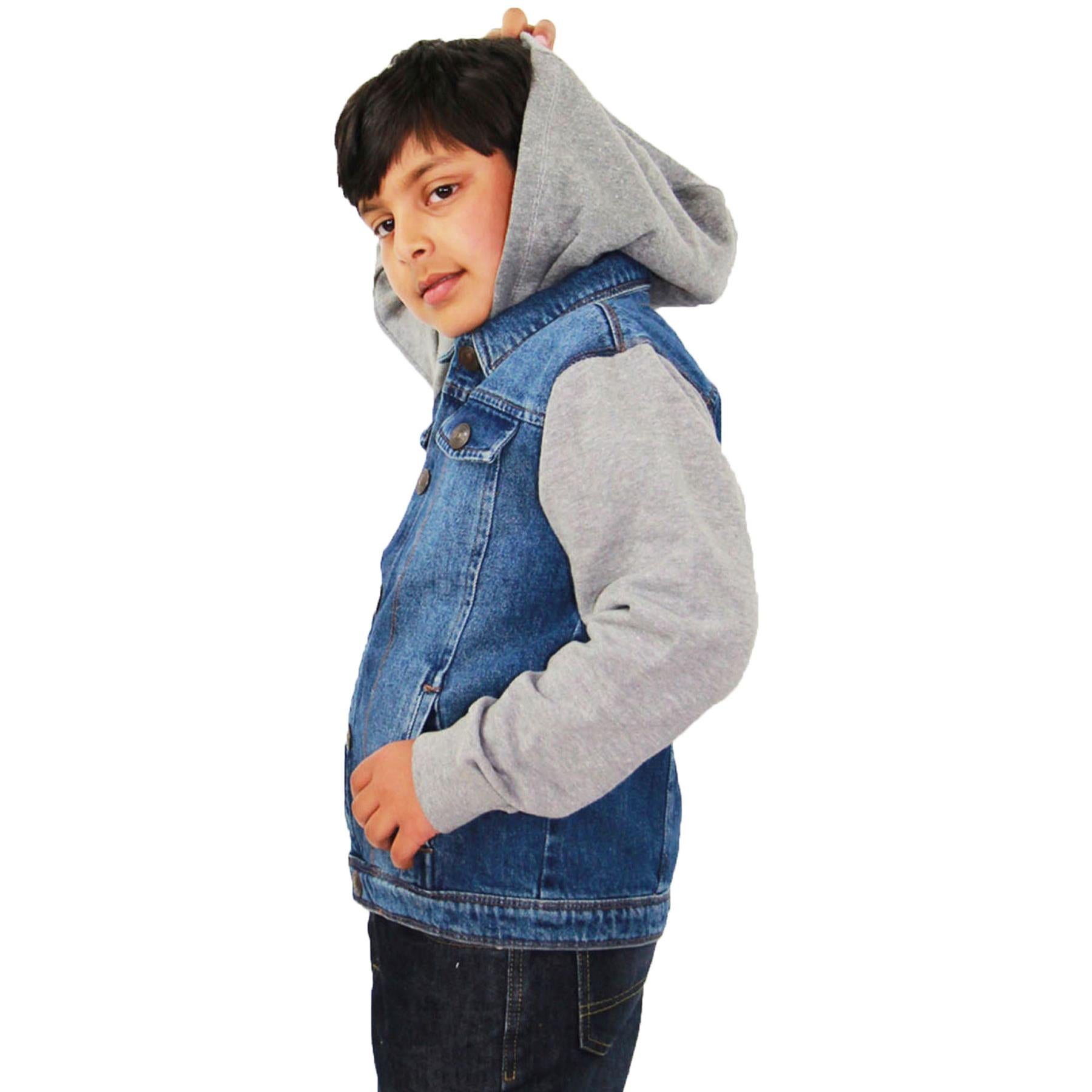 Kids Boys Denim Jacket Fleece Long Sleeves Hooded Stylish Jeans Coat For 2-13 Yr
