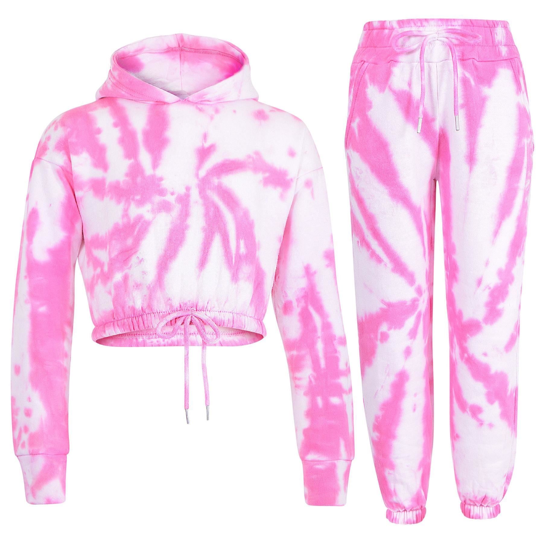 Kids Girls Tie Dye Pink Tracksuit Gym Cropped Hoodie Sweatpants