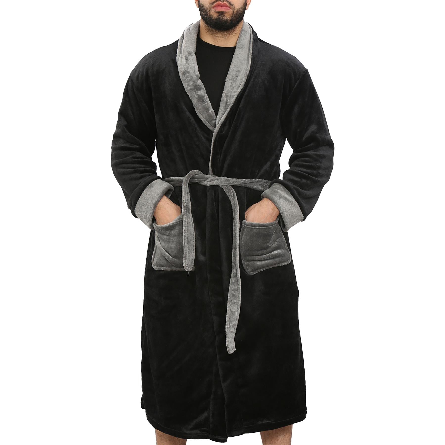 Adults Ladies Gents Fleece Bathrobe Black Dressing Gown - Kids Clothing Store