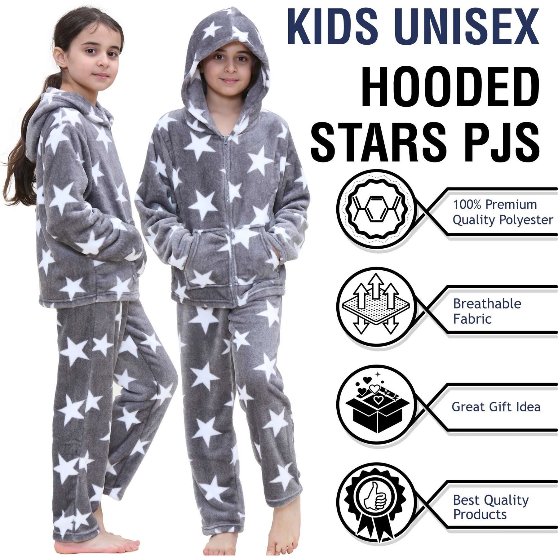 Kids Girls Stars Print Grey Zipped Pyjama Extra Soft Hooded Flannel Fleece PJS Set