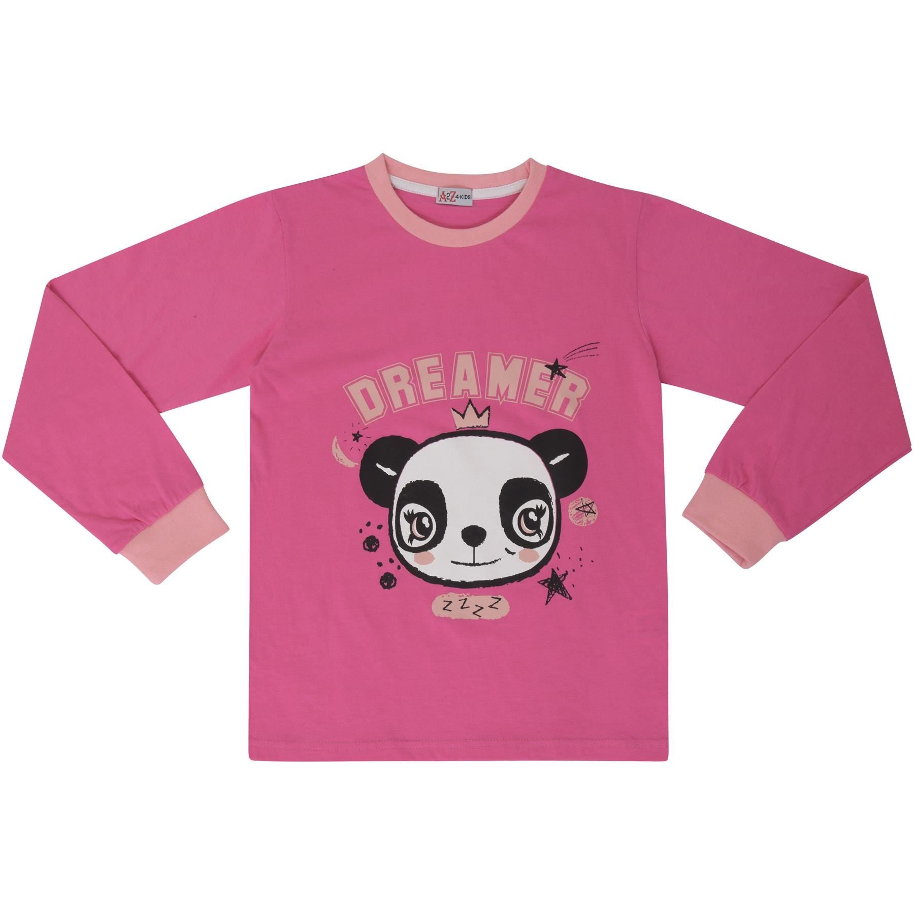 Kids Girls Pyjamas Panda Animal Dreamer Print Pink Lounge Suit Set