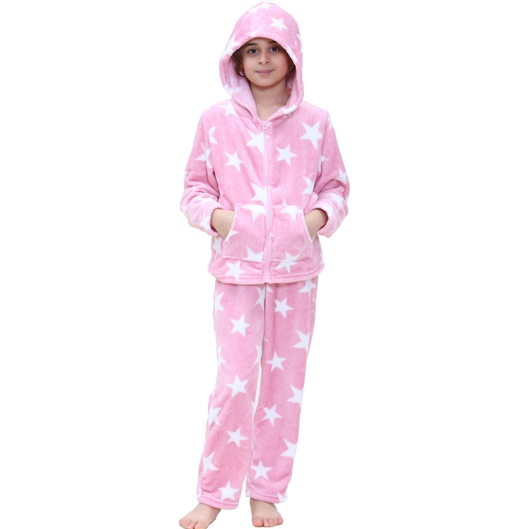 Kids Girls Stars Print Pink Zipped Pyjama Extra Soft Hooded Flannel Fleece PJS Set