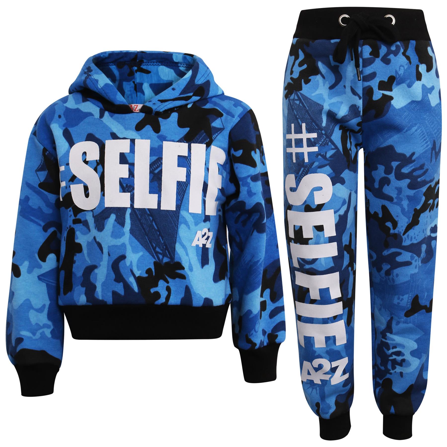 Kids Girls #Selfie Printed Hooded Crop Top & Bottom Jogging Suit