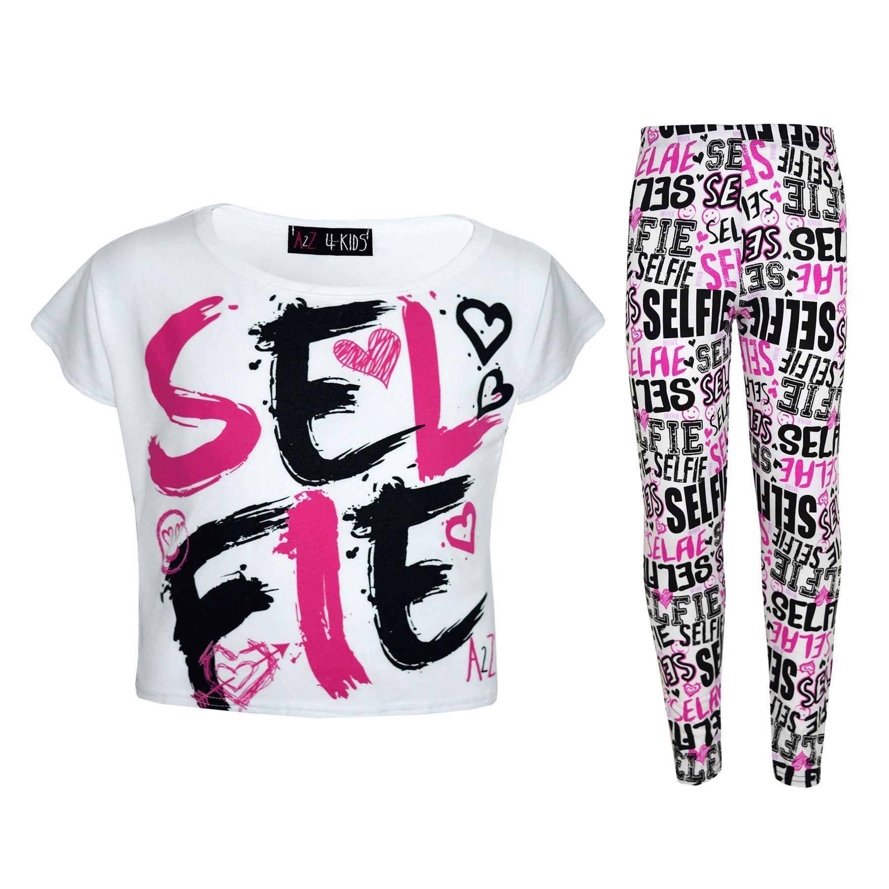 Kids Girls Selfie Brush Paint Print Crop Top & Legging Set