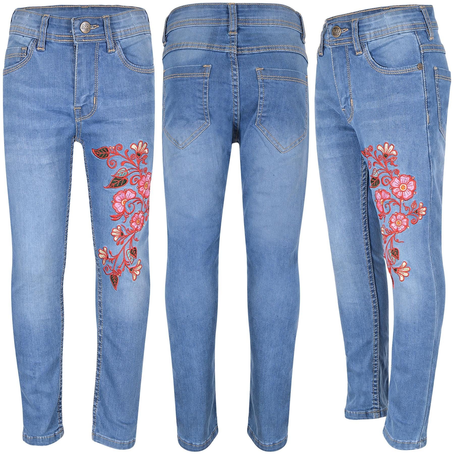 Kids Girls Embroidered Stretchy Mid Blue Denim Jeans