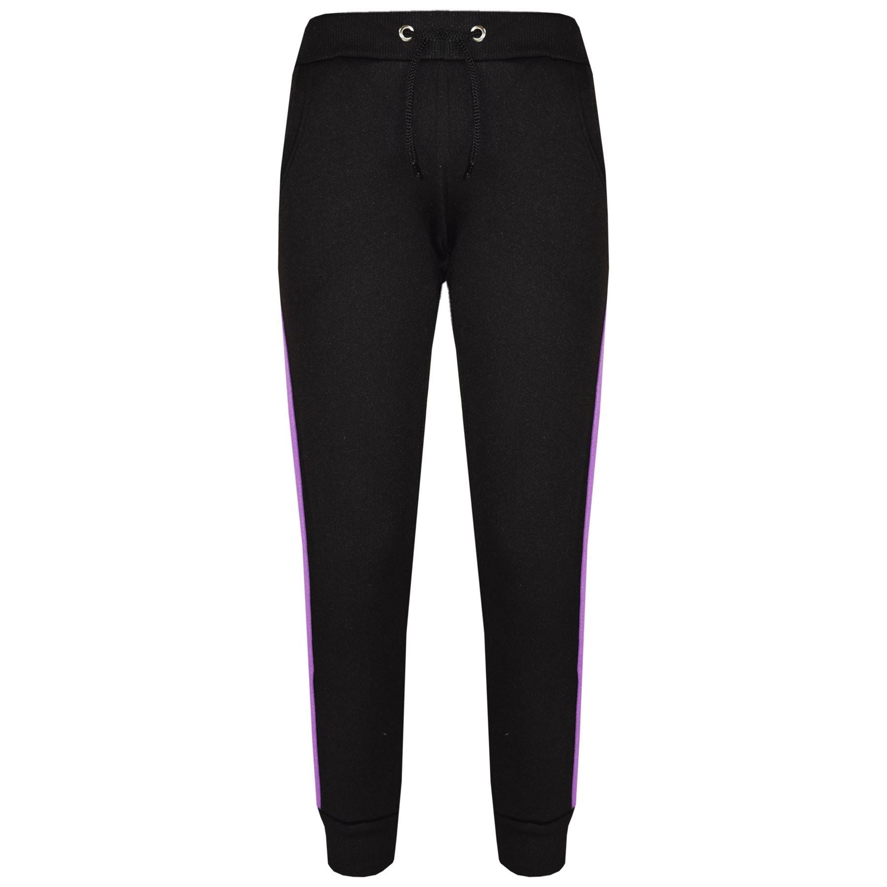 Girls Black & Lilac Jogging Plain Fleece Hooded Tracksuit